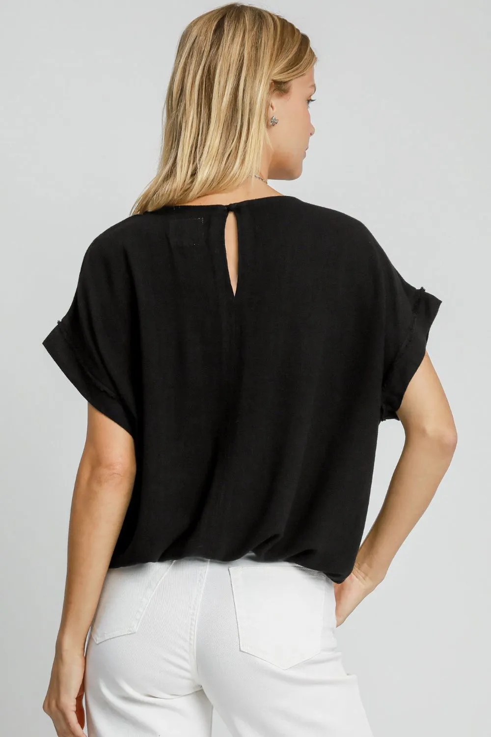Black Drawstring Hem Linen Top
