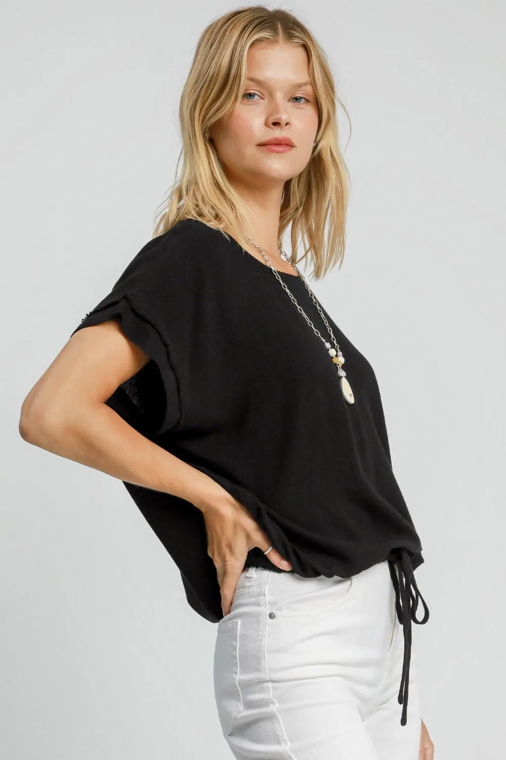 Black Drawstring Hem Linen Top