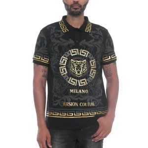 Black Italian Print Collared Polo Shirt