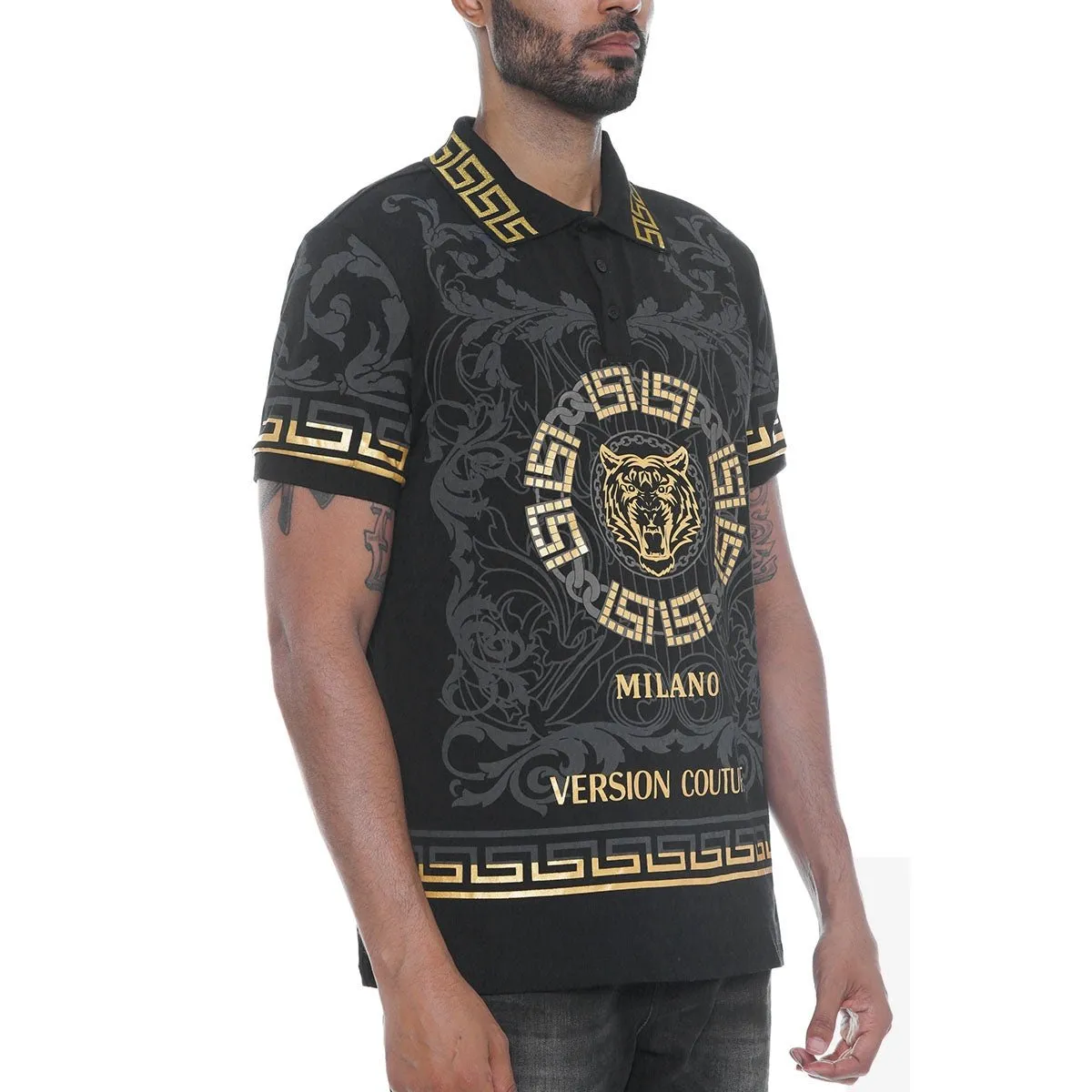 Black Italian Print Collared Polo Shirt
