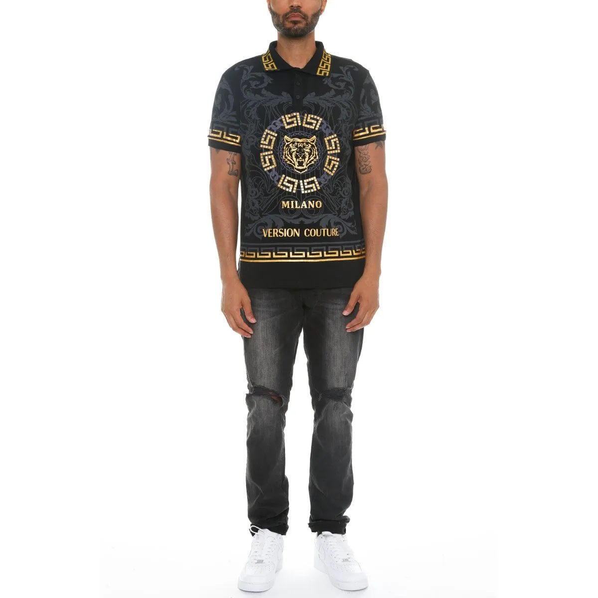 Black Italian Print Collared Polo Shirt