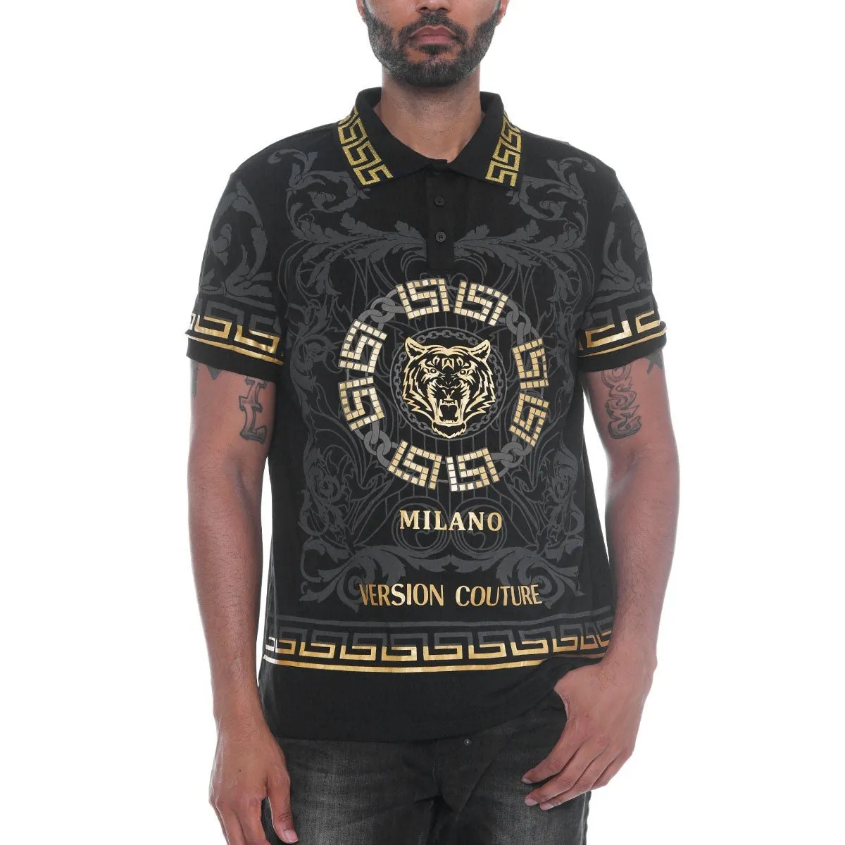 Black Italian Print Collared Polo Shirt