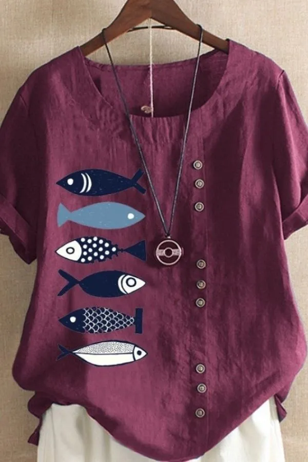 Cotton & Linen Fish Printing T-shirt
