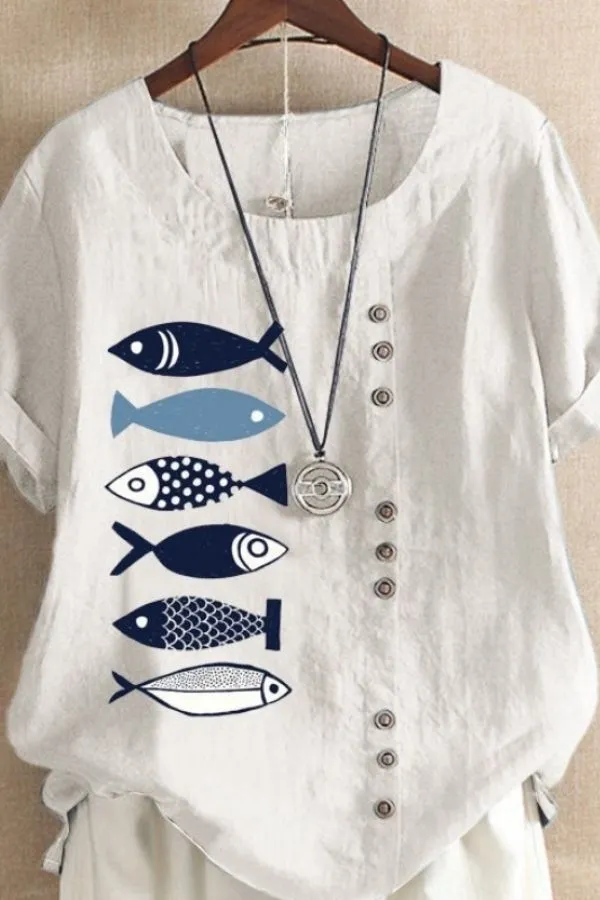 Cotton & Linen Fish Printing T-shirt
