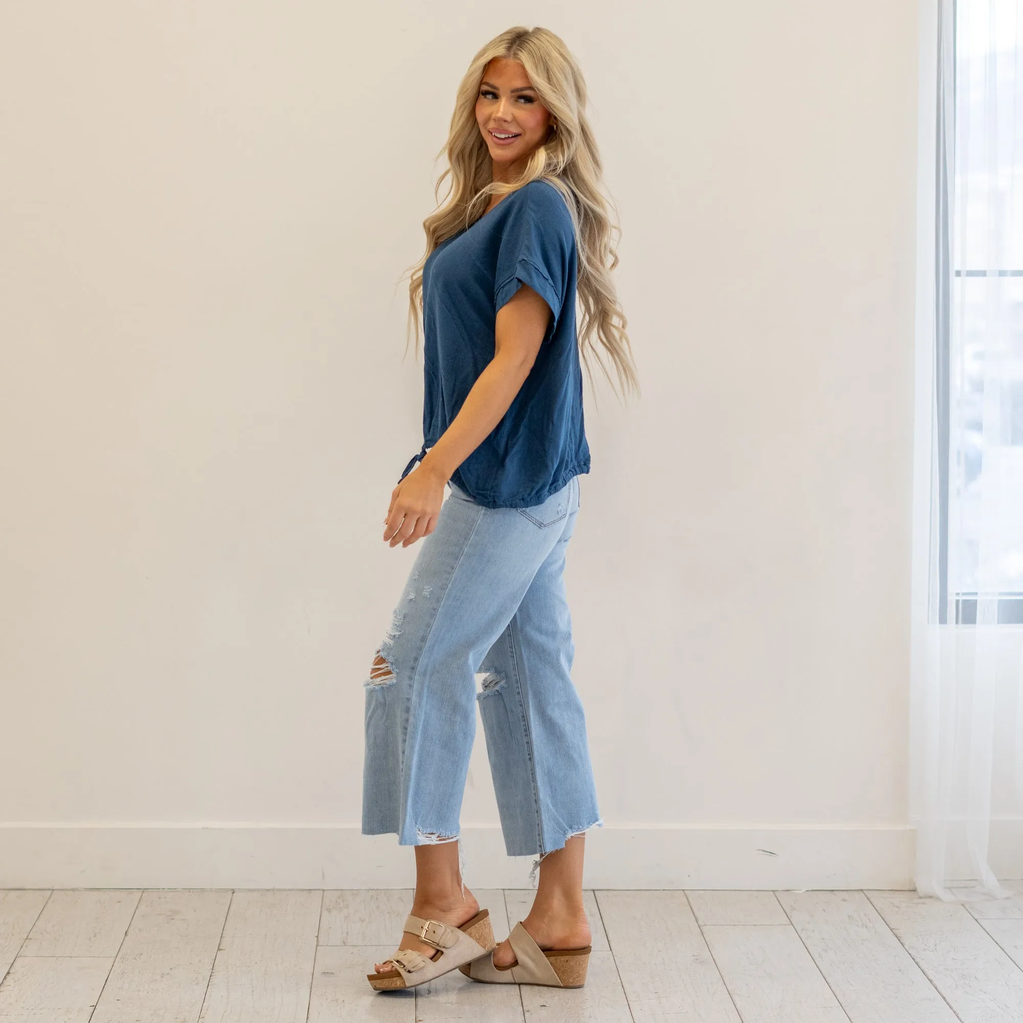 Drawstring Hem Round Neck Short Sleeve T-Shirt