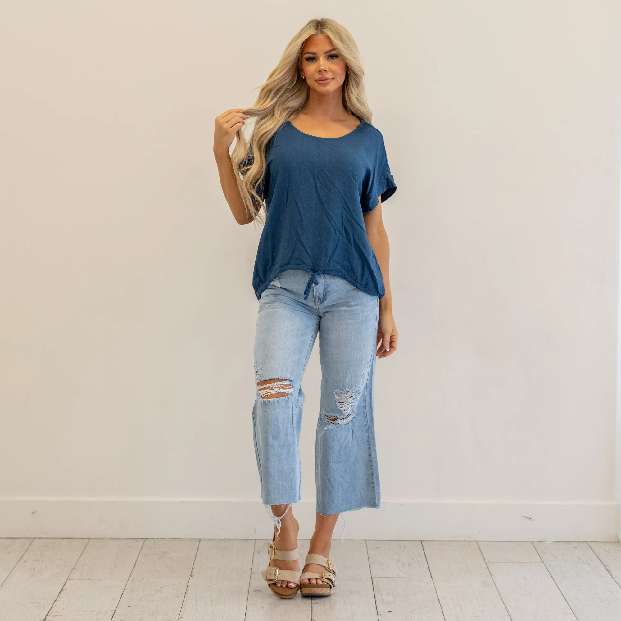 Drawstring Hem Round Neck Short Sleeve T-Shirt