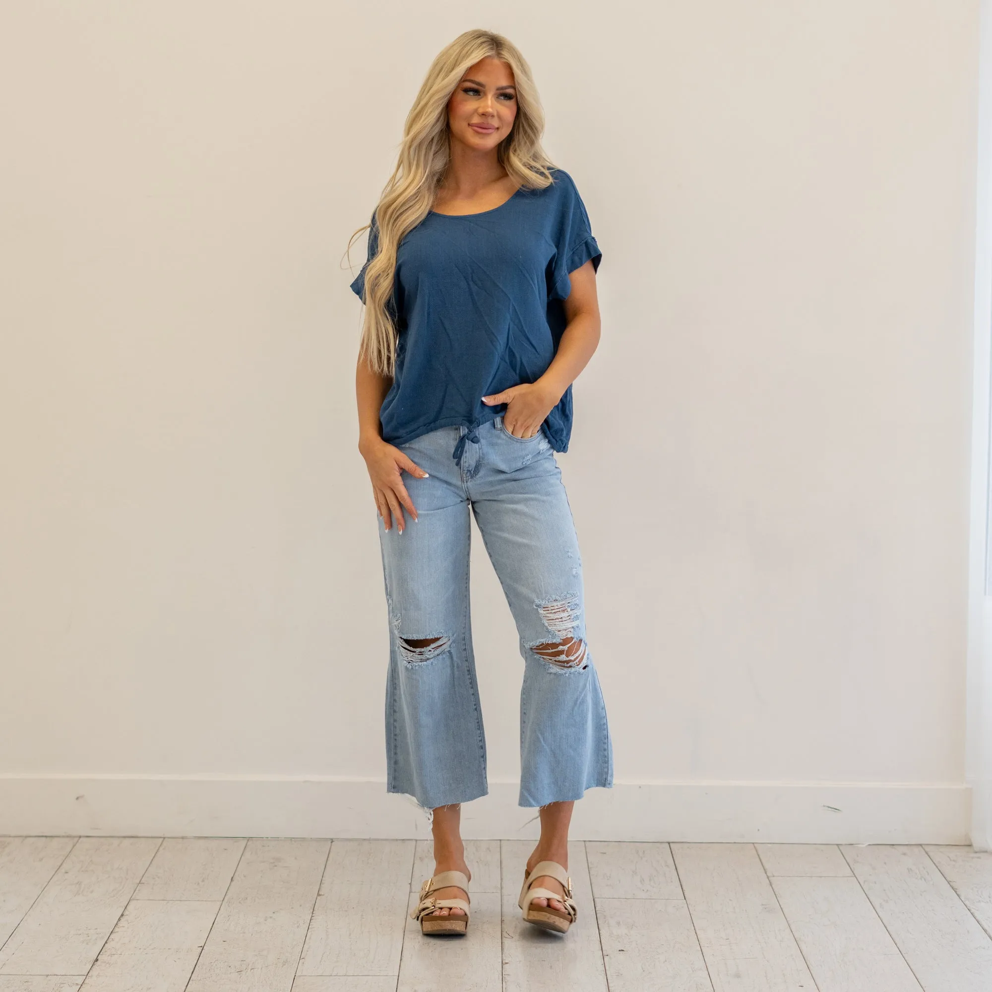 Drawstring Hem Round Neck Short Sleeve T-Shirt