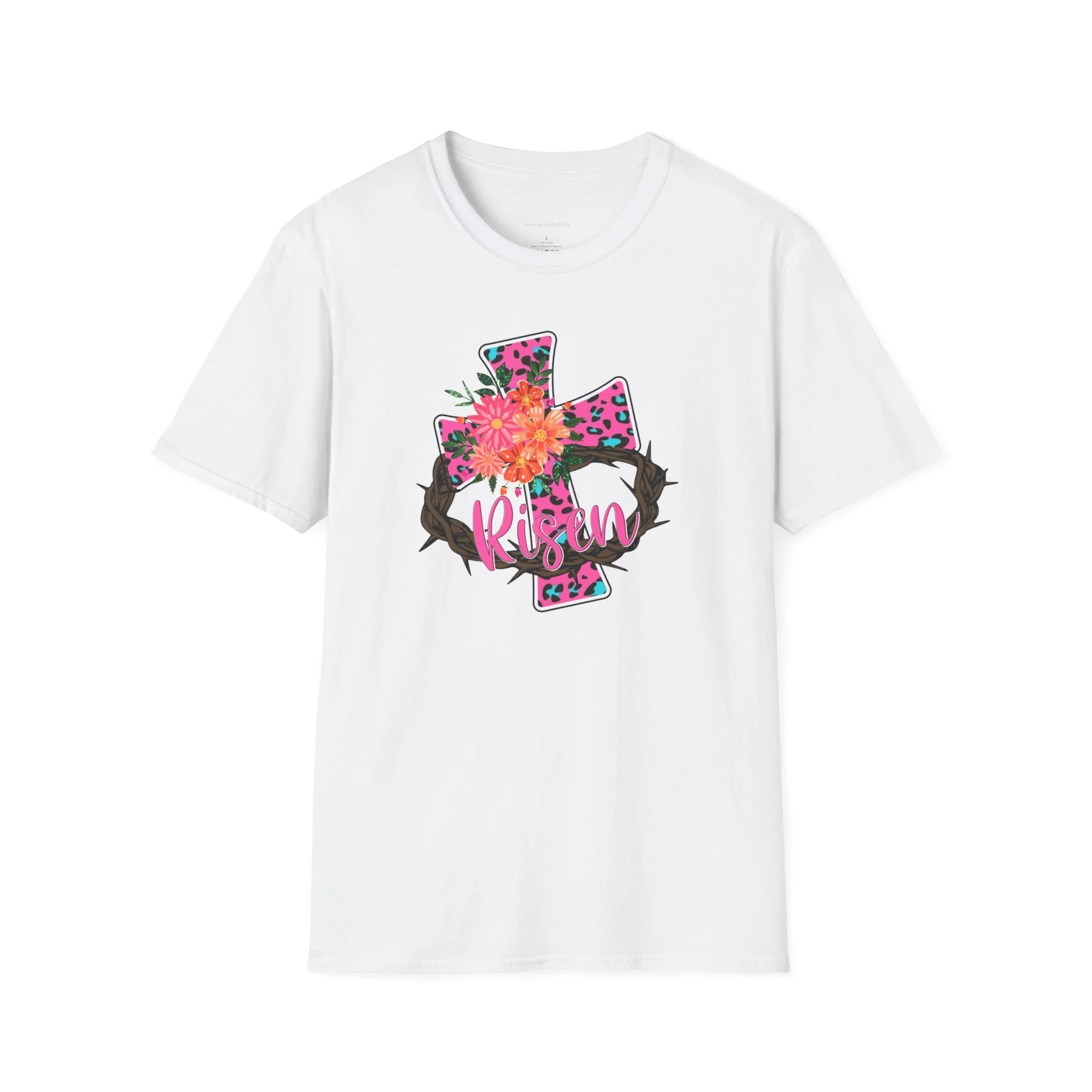 Easter Shirt, Risen, Easter Tee, Softstyle T-Shirt, Easter Cross, Leopard Cross