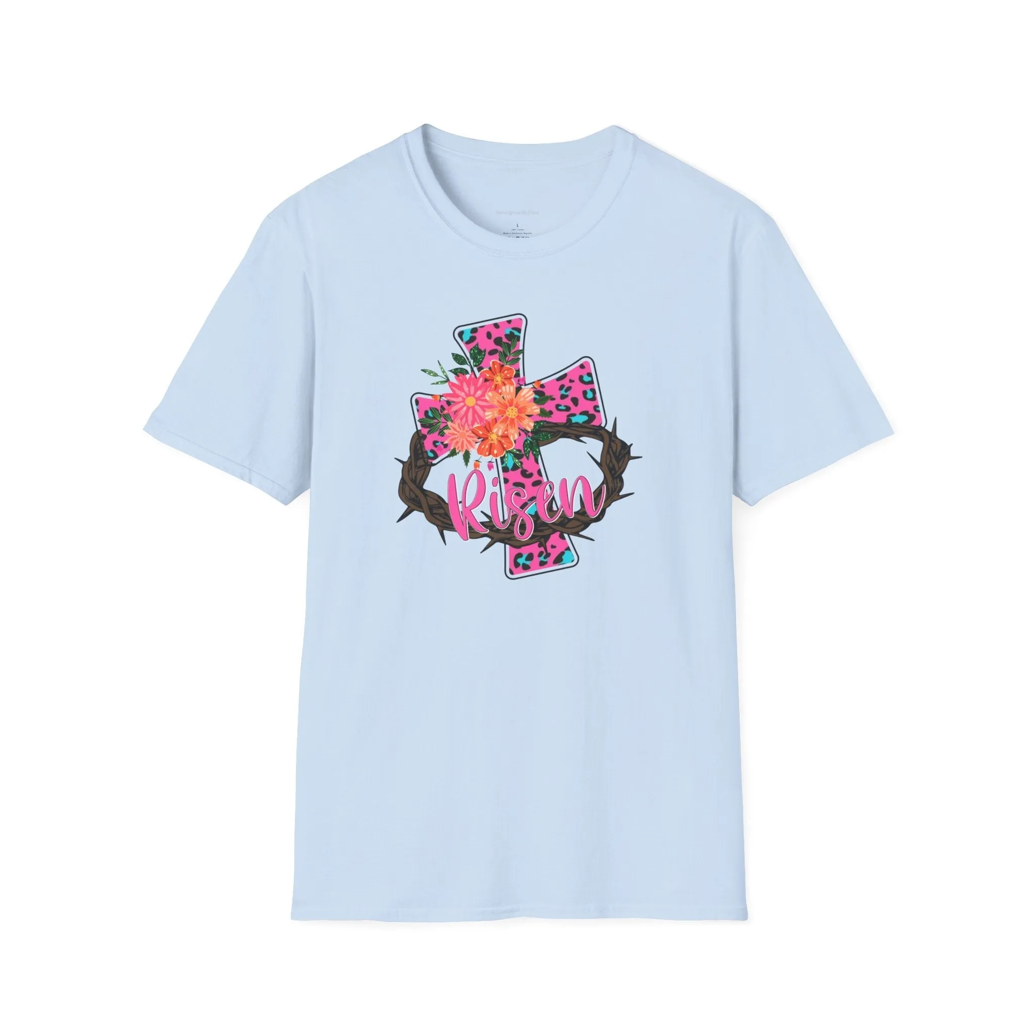 Easter Shirt, Risen, Easter Tee, Softstyle T-Shirt, Easter Cross, Leopard Cross