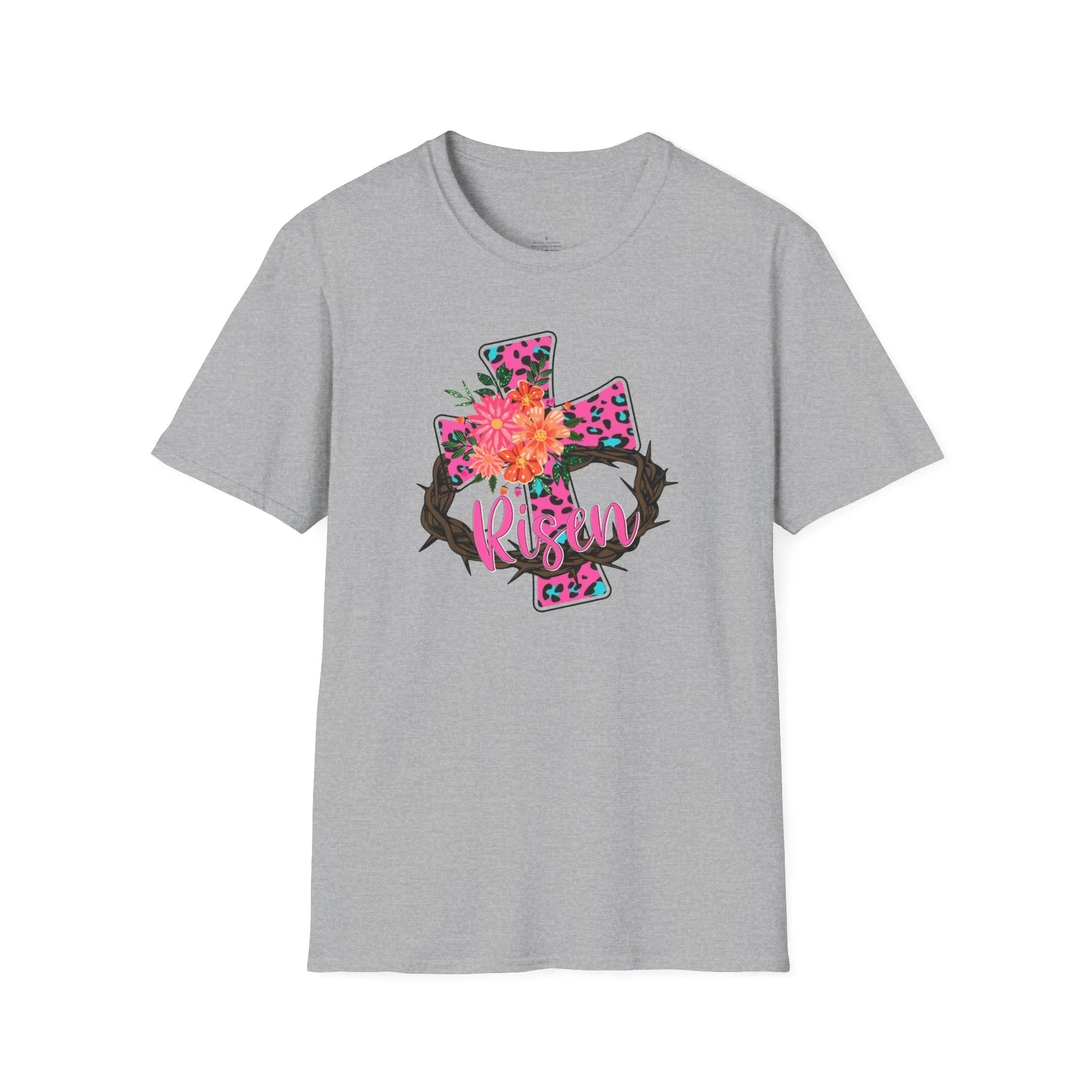 Easter Shirt, Risen, Easter Tee, Softstyle T-Shirt, Easter Cross, Leopard Cross