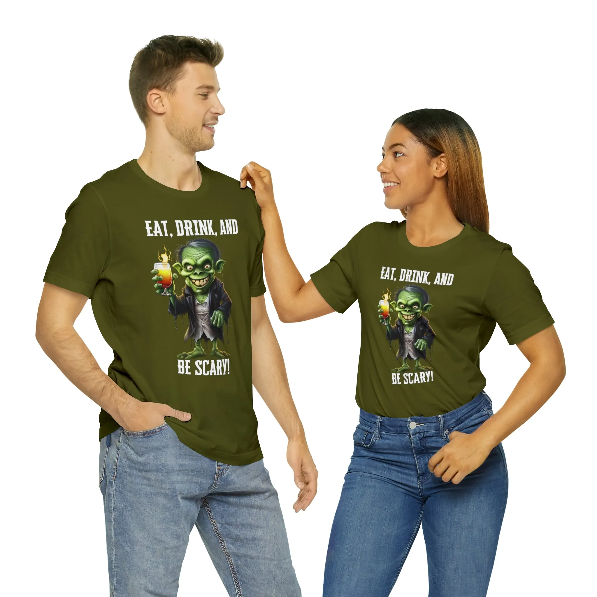 Eat Drink and Be Scary Halloween T-Shirt | Creepy Scary Ghoul Tee |  Bella Canvas 3001Unisex | Ghoul Drinking Short Sleeve Tshirt