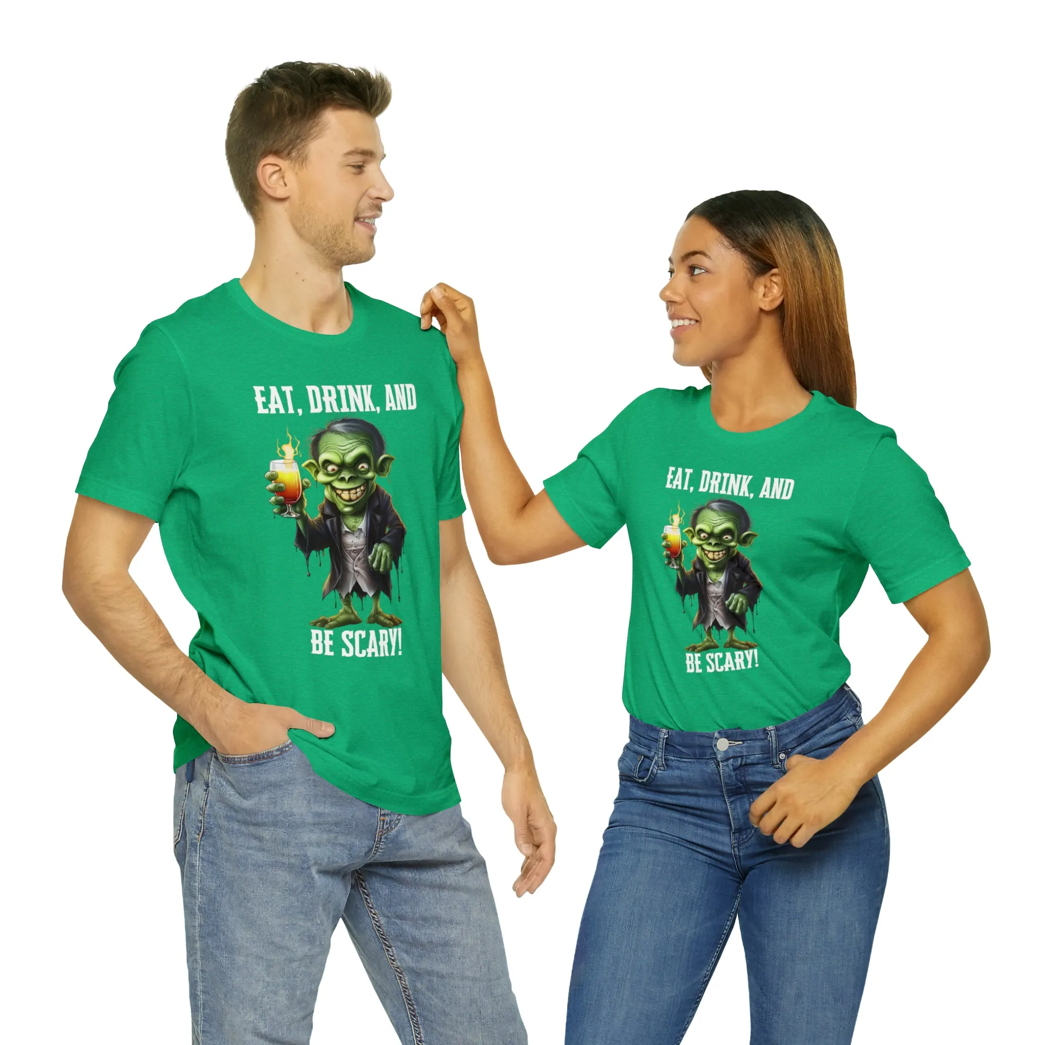 Eat Drink and Be Scary Halloween T-Shirt | Creepy Scary Ghoul Tee |  Bella Canvas 3001Unisex | Ghoul Drinking Short Sleeve Tshirt