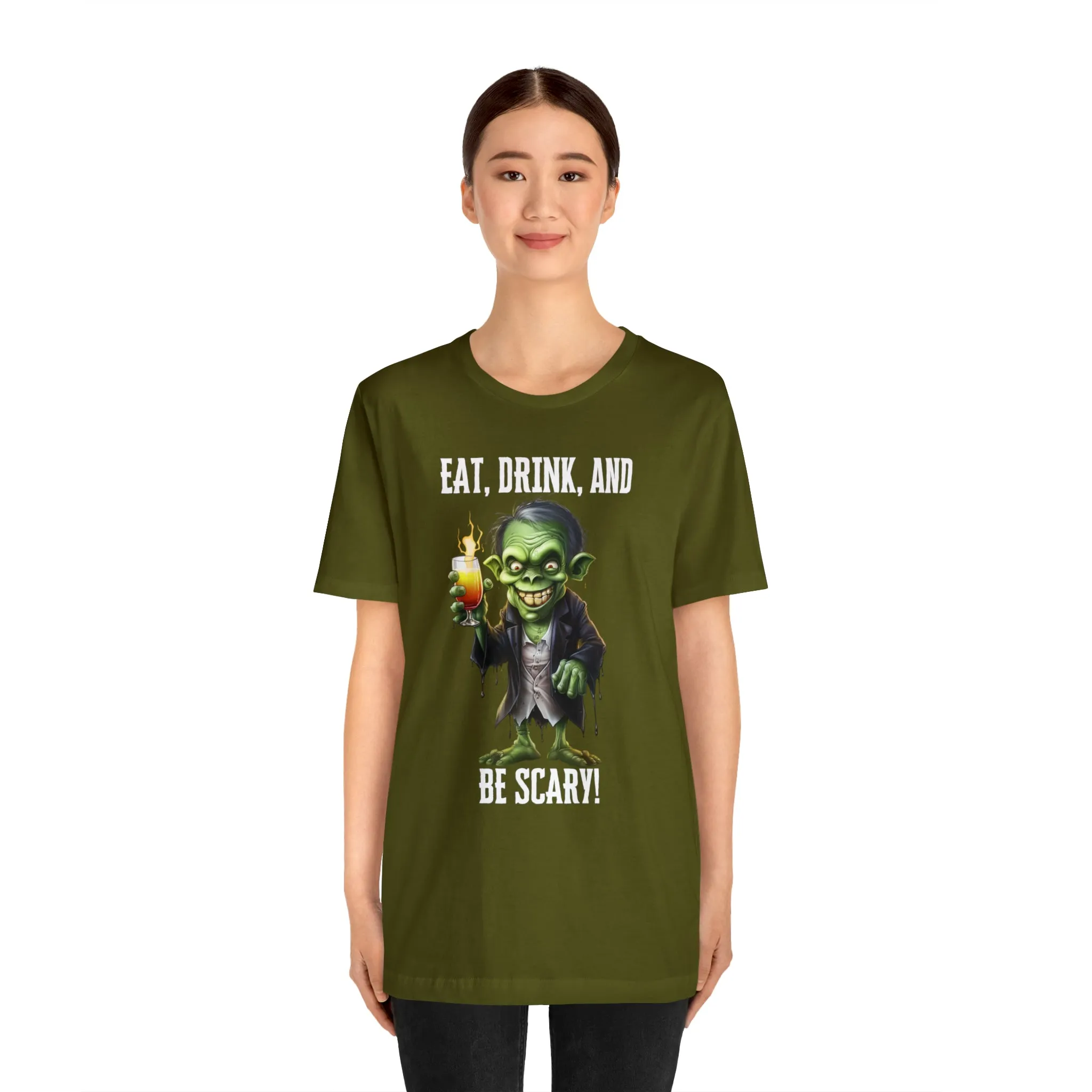 Eat Drink and Be Scary Halloween T-Shirt | Creepy Scary Ghoul Tee |  Bella Canvas 3001Unisex | Ghoul Drinking Short Sleeve Tshirt