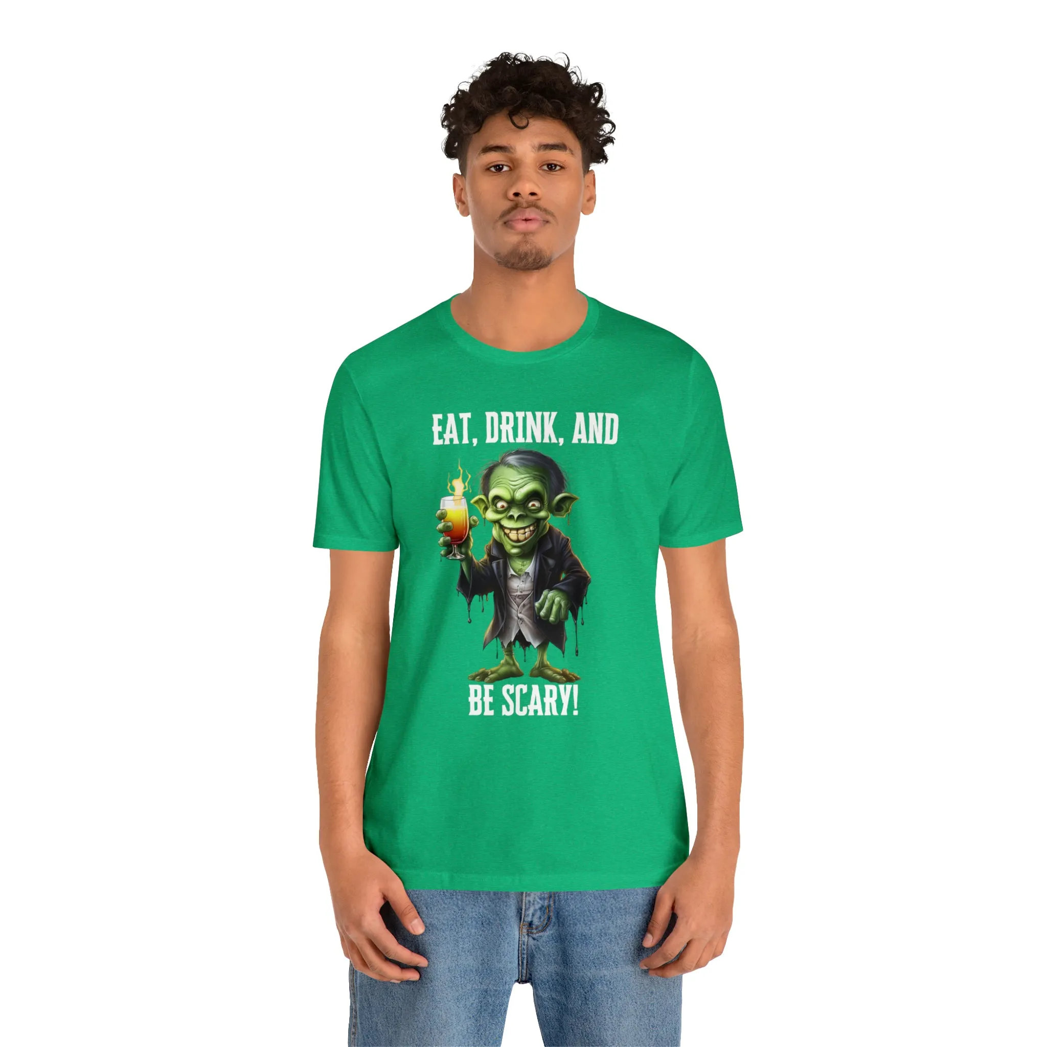 Eat Drink and Be Scary Halloween T-Shirt | Creepy Scary Ghoul Tee |  Bella Canvas 3001Unisex | Ghoul Drinking Short Sleeve Tshirt