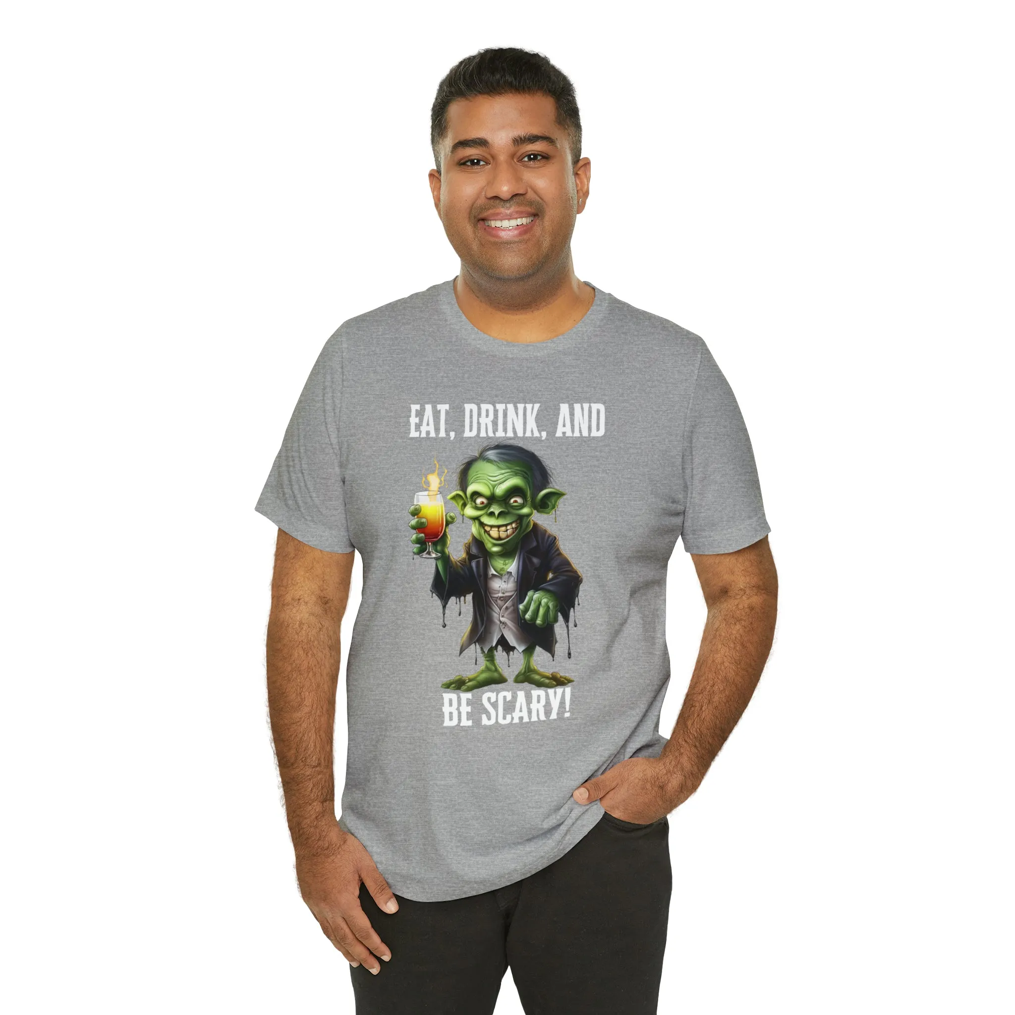 Eat Drink and Be Scary Halloween T-Shirt | Creepy Scary Ghoul Tee |  Bella Canvas 3001Unisex | Ghoul Drinking Short Sleeve Tshirt
