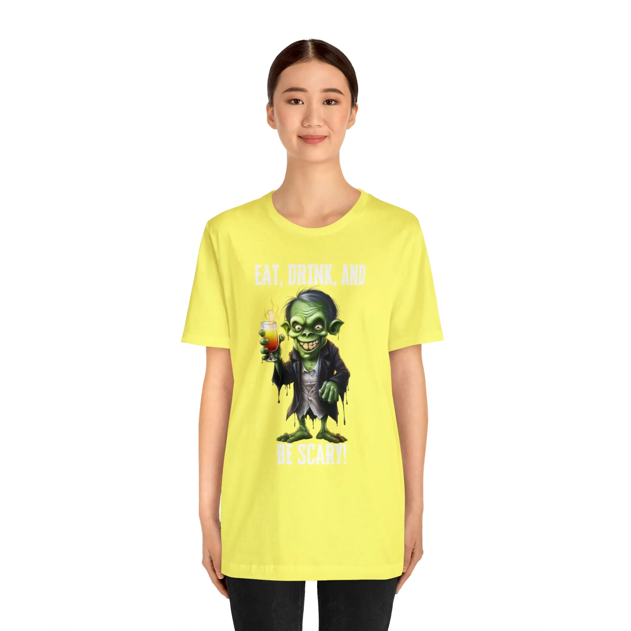 Eat Drink and Be Scary Halloween T-Shirt | Creepy Scary Ghoul Tee |  Bella Canvas 3001Unisex | Ghoul Drinking Short Sleeve Tshirt