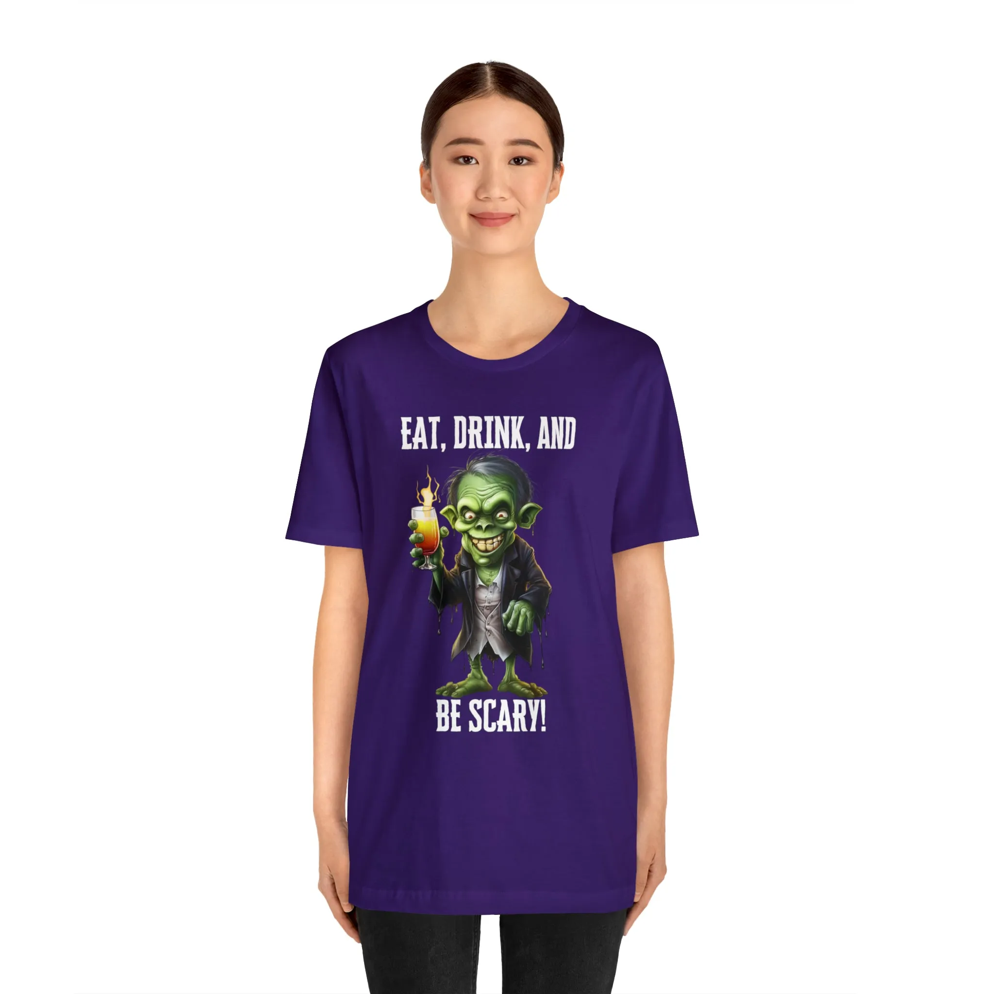 Eat Drink and Be Scary Halloween T-Shirt | Creepy Scary Ghoul Tee |  Bella Canvas 3001Unisex | Ghoul Drinking Short Sleeve Tshirt