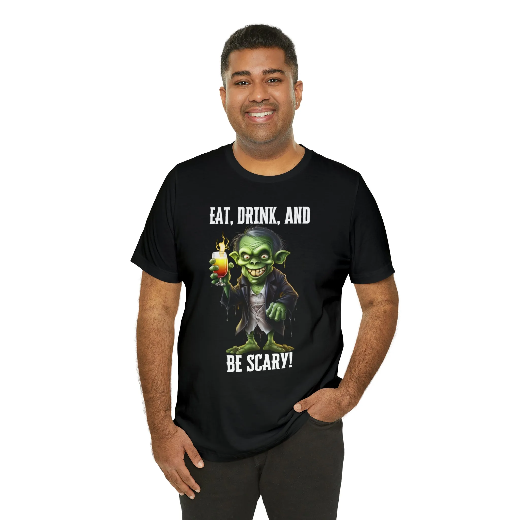 Eat Drink and Be Scary Halloween T-Shirt | Creepy Scary Ghoul Tee |  Bella Canvas 3001Unisex | Ghoul Drinking Short Sleeve Tshirt