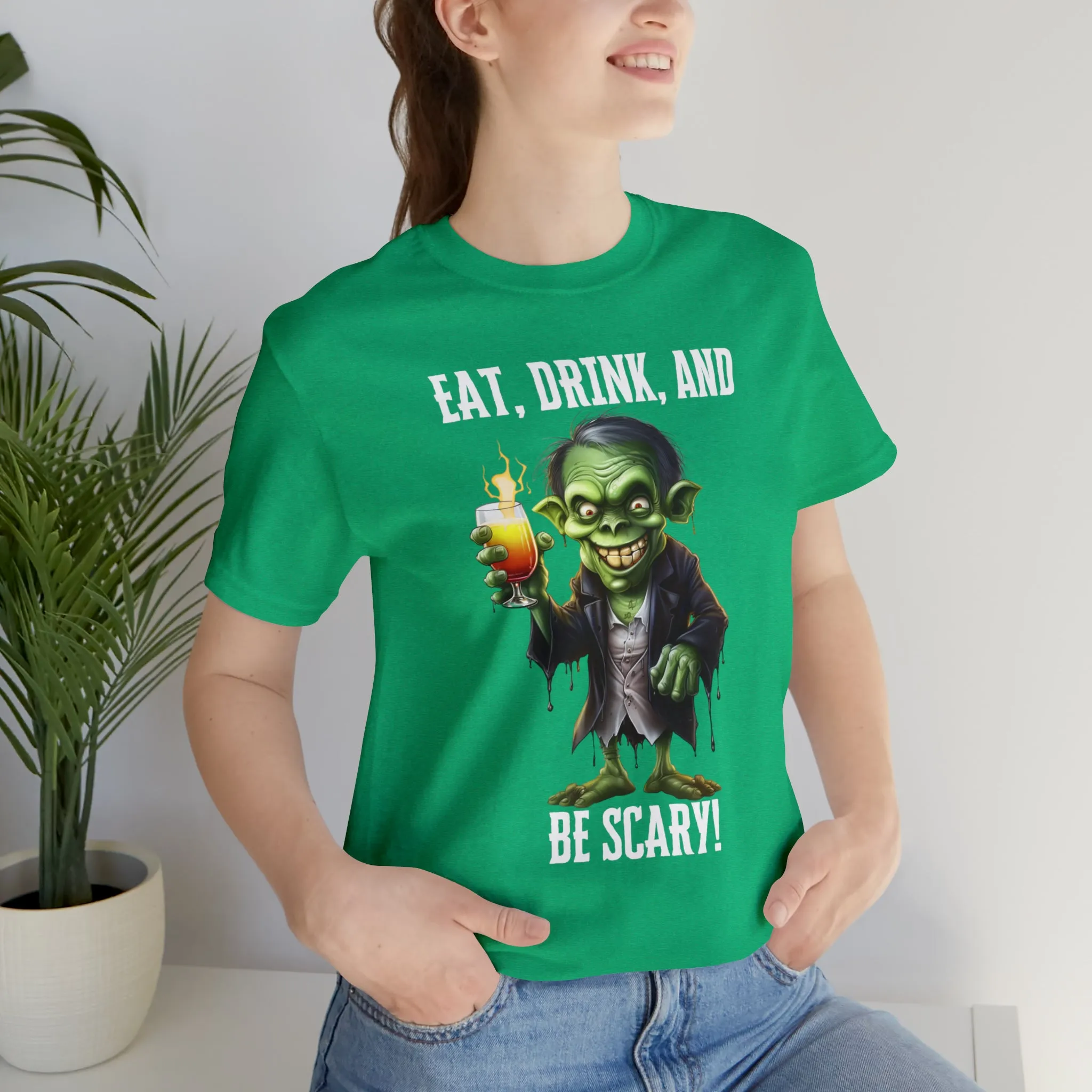 Eat Drink and Be Scary Halloween T-Shirt | Creepy Scary Ghoul Tee |  Bella Canvas 3001Unisex | Ghoul Drinking Short Sleeve Tshirt