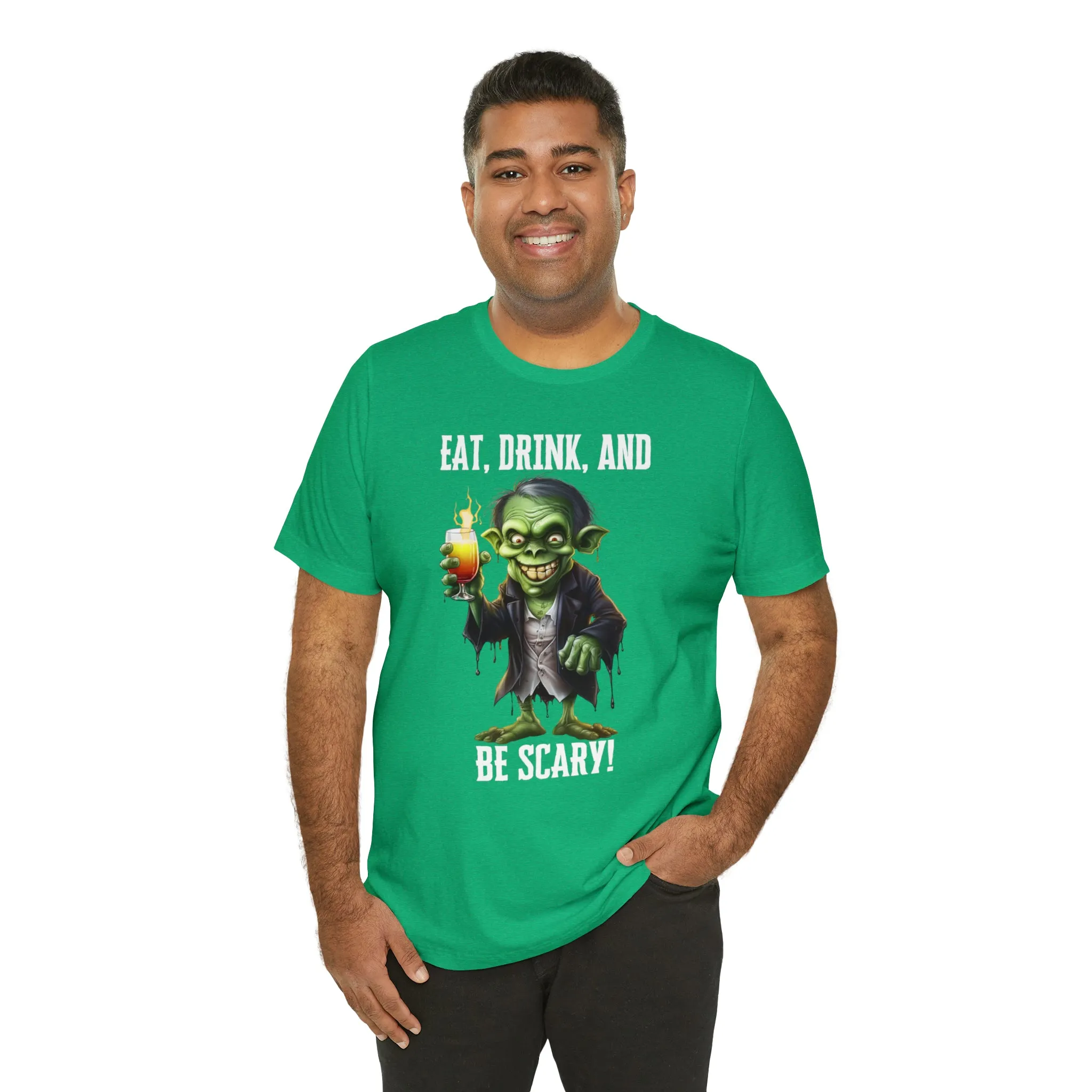 Eat Drink and Be Scary Halloween T-Shirt | Creepy Scary Ghoul Tee |  Bella Canvas 3001Unisex | Ghoul Drinking Short Sleeve Tshirt