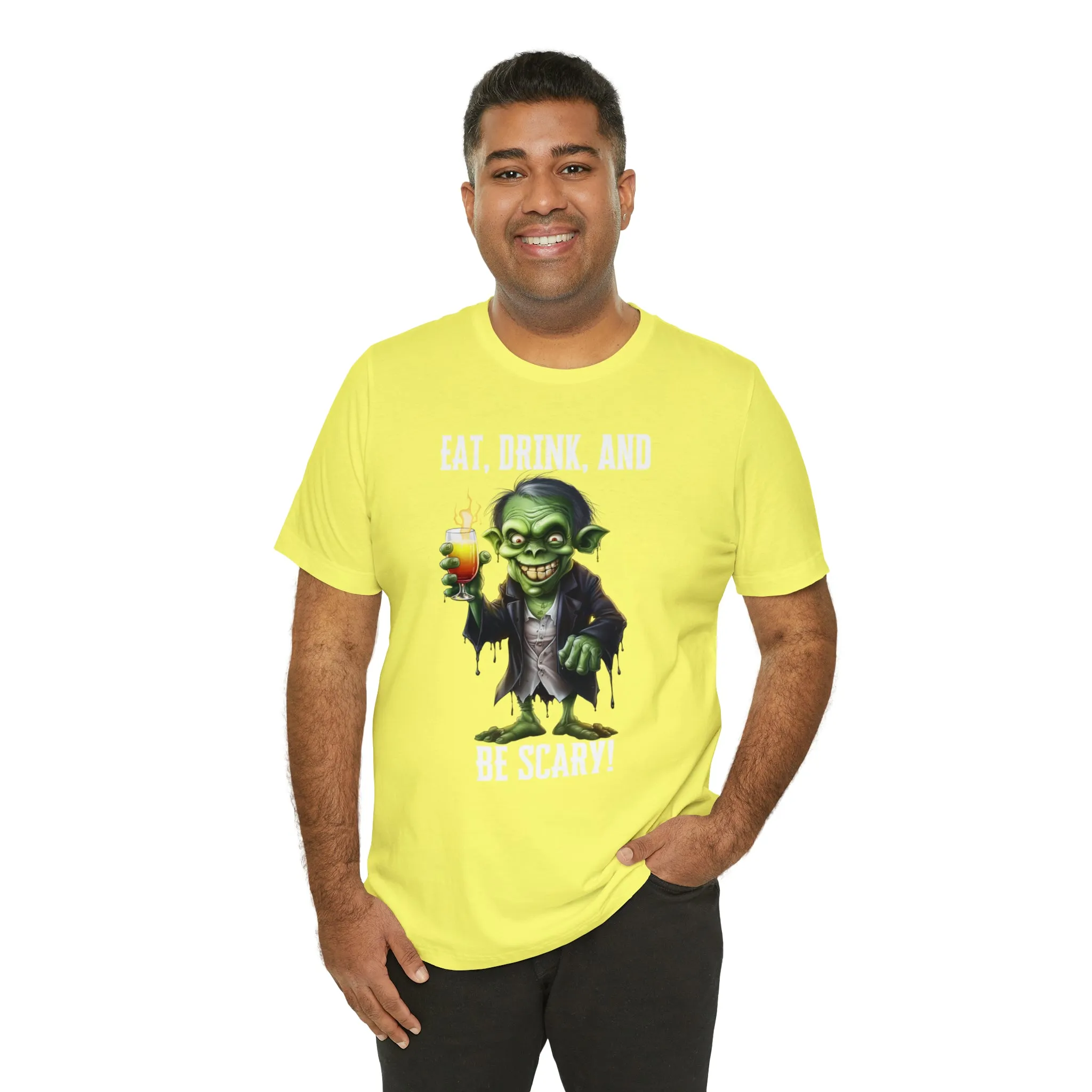 Eat Drink and Be Scary Halloween T-Shirt | Creepy Scary Ghoul Tee |  Bella Canvas 3001Unisex | Ghoul Drinking Short Sleeve Tshirt