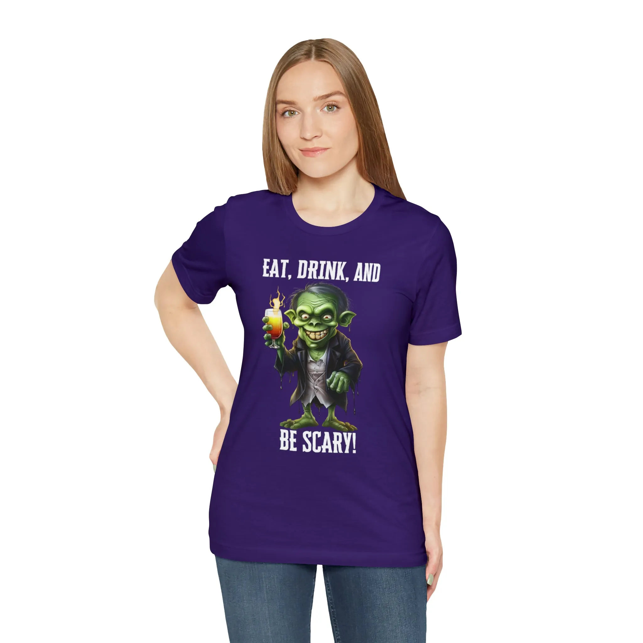 Eat Drink and Be Scary Halloween T-Shirt | Creepy Scary Ghoul Tee |  Bella Canvas 3001Unisex | Ghoul Drinking Short Sleeve Tshirt