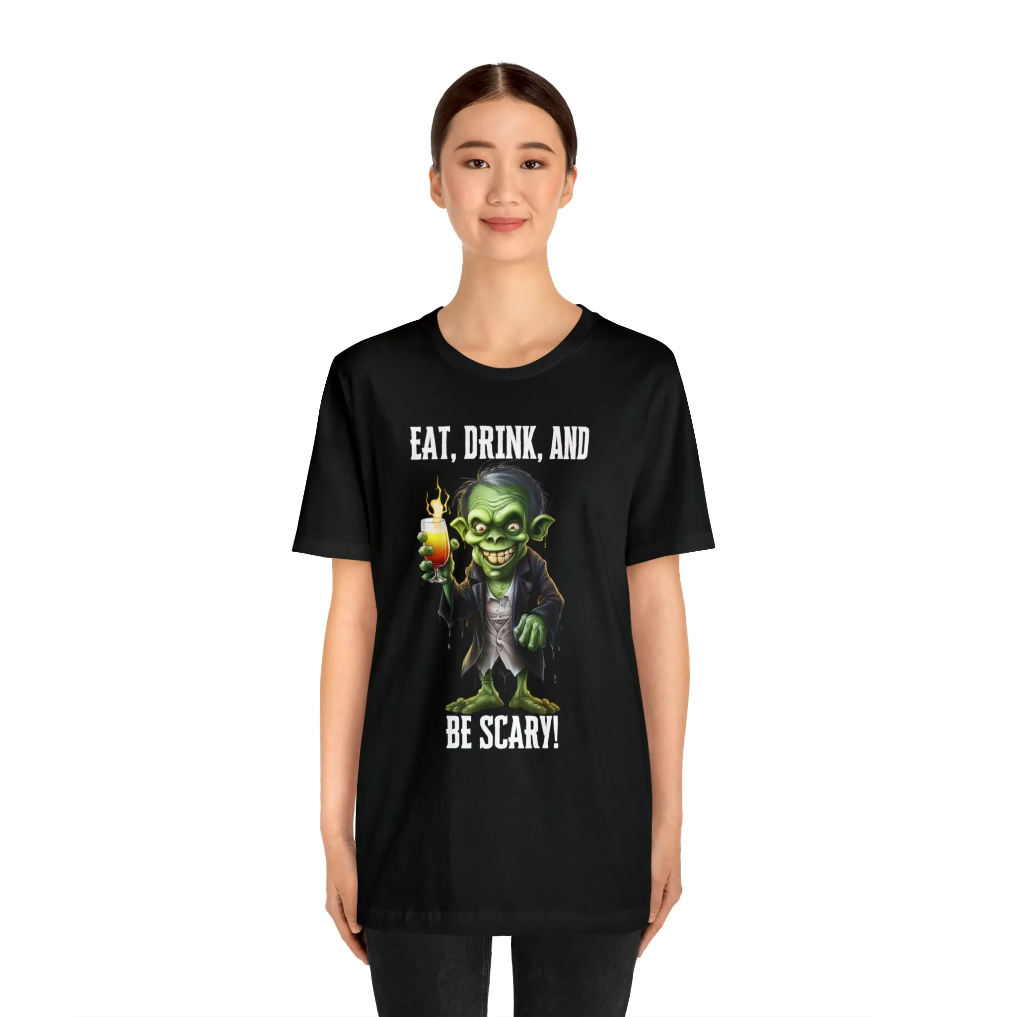 Eat Drink and Be Scary Halloween T-Shirt | Creepy Scary Ghoul Tee |  Bella Canvas 3001Unisex | Ghoul Drinking Short Sleeve Tshirt