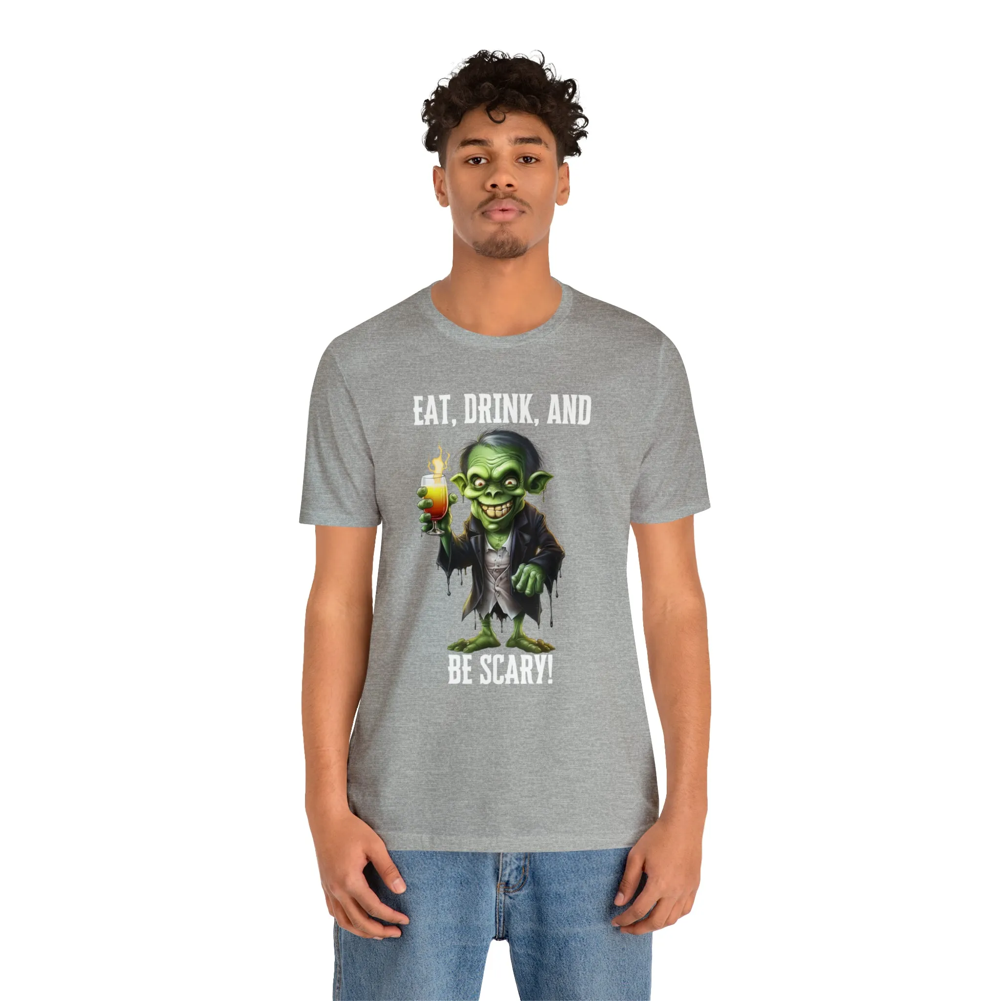 Eat Drink and Be Scary Halloween T-Shirt | Creepy Scary Ghoul Tee |  Bella Canvas 3001Unisex | Ghoul Drinking Short Sleeve Tshirt