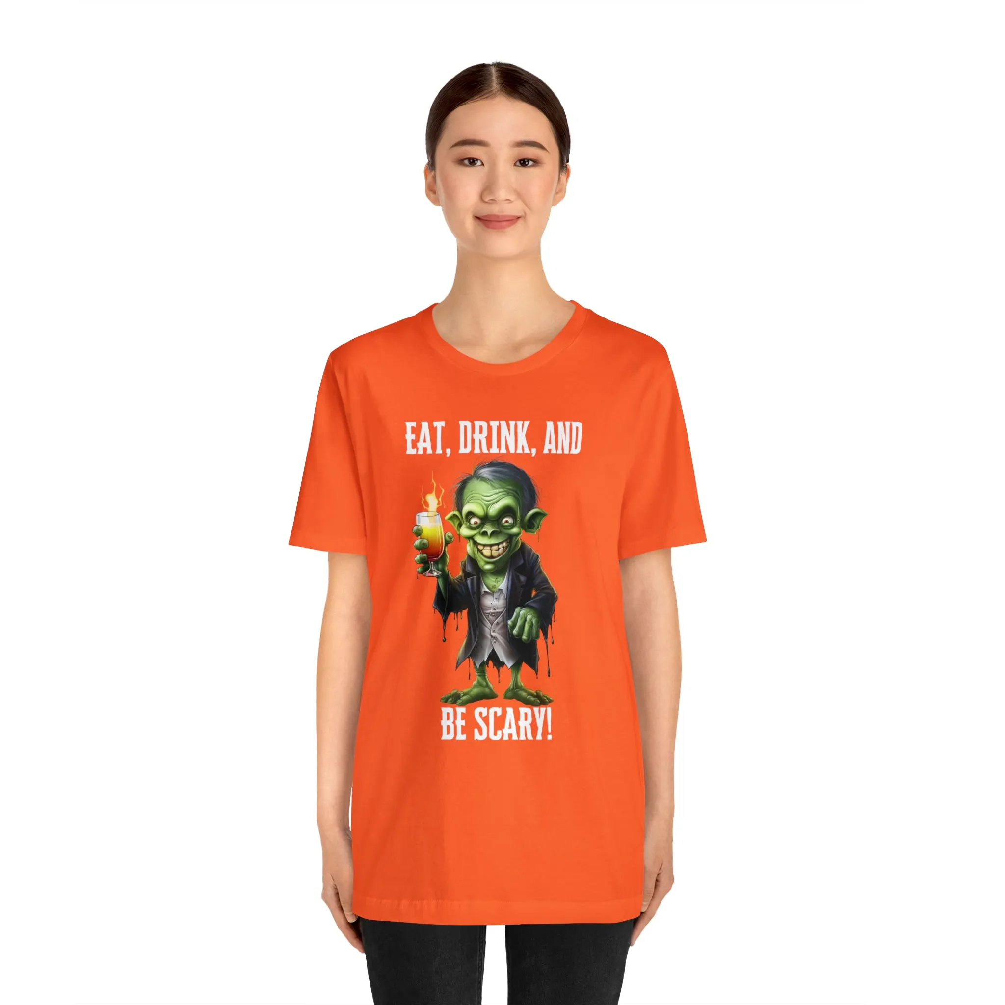 Eat Drink and Be Scary Halloween T-Shirt | Creepy Scary Ghoul Tee |  Bella Canvas 3001Unisex | Ghoul Drinking Short Sleeve Tshirt