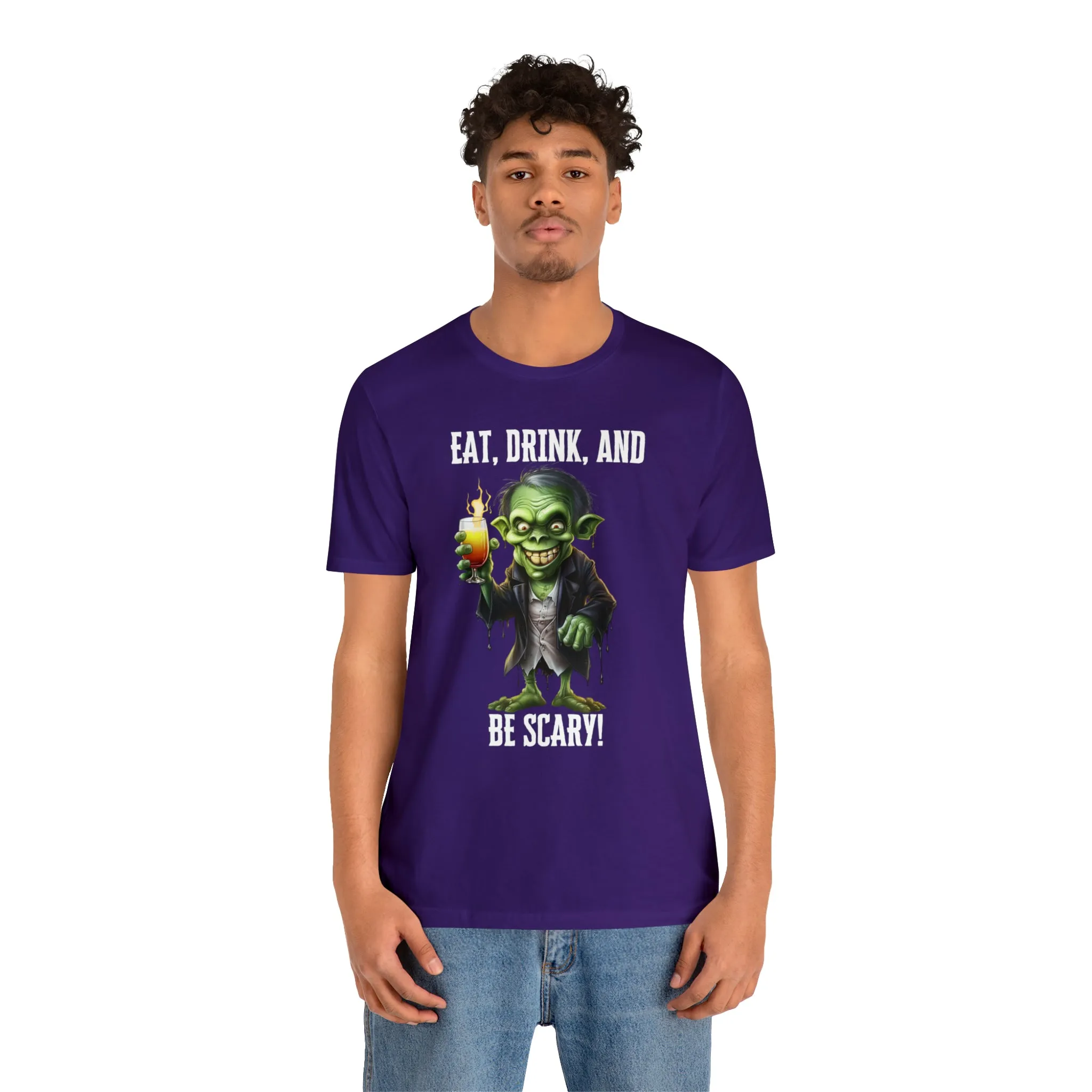 Eat Drink and Be Scary Halloween T-Shirt | Creepy Scary Ghoul Tee |  Bella Canvas 3001Unisex | Ghoul Drinking Short Sleeve Tshirt