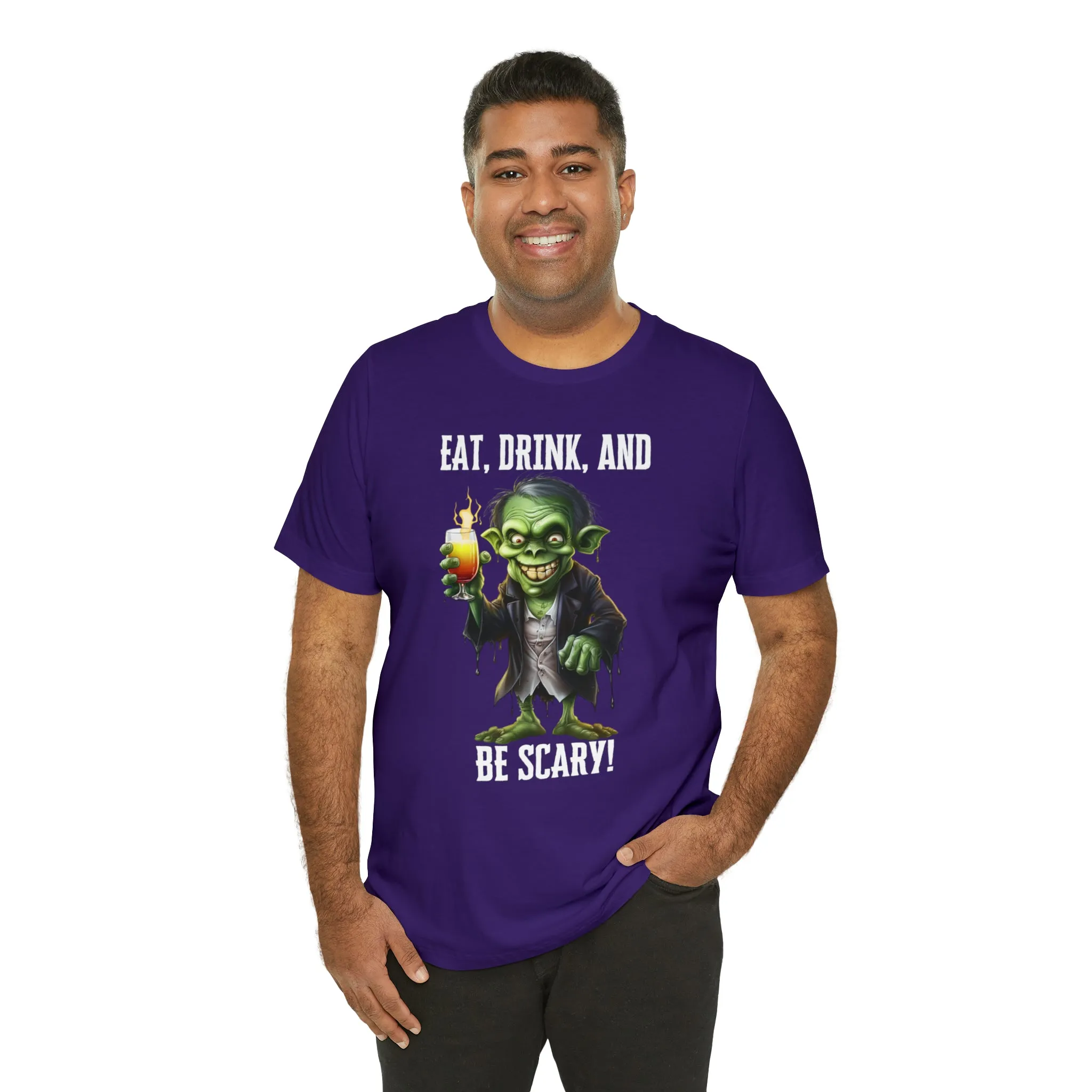 Eat Drink and Be Scary Halloween T-Shirt | Creepy Scary Ghoul Tee |  Bella Canvas 3001Unisex | Ghoul Drinking Short Sleeve Tshirt
