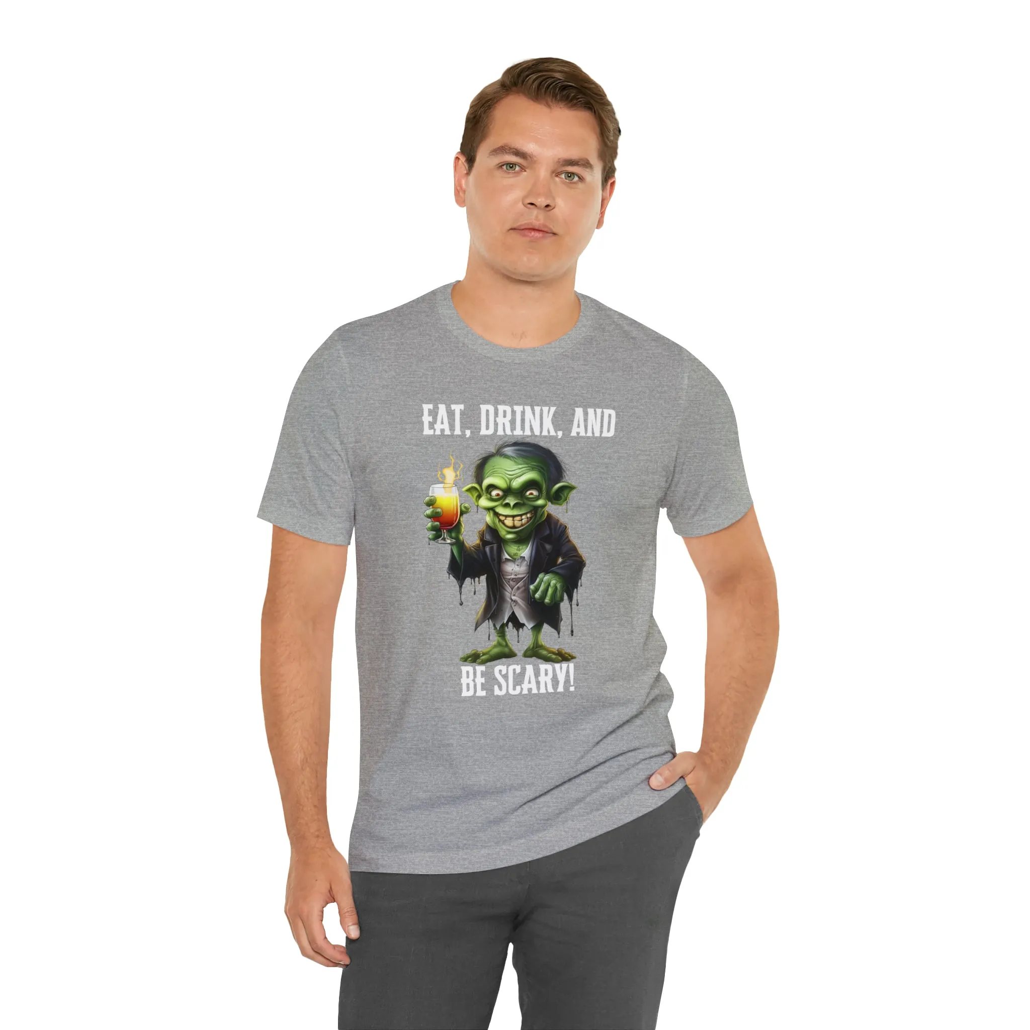 Eat Drink and Be Scary Halloween T-Shirt | Creepy Scary Ghoul Tee |  Bella Canvas 3001Unisex | Ghoul Drinking Short Sleeve Tshirt