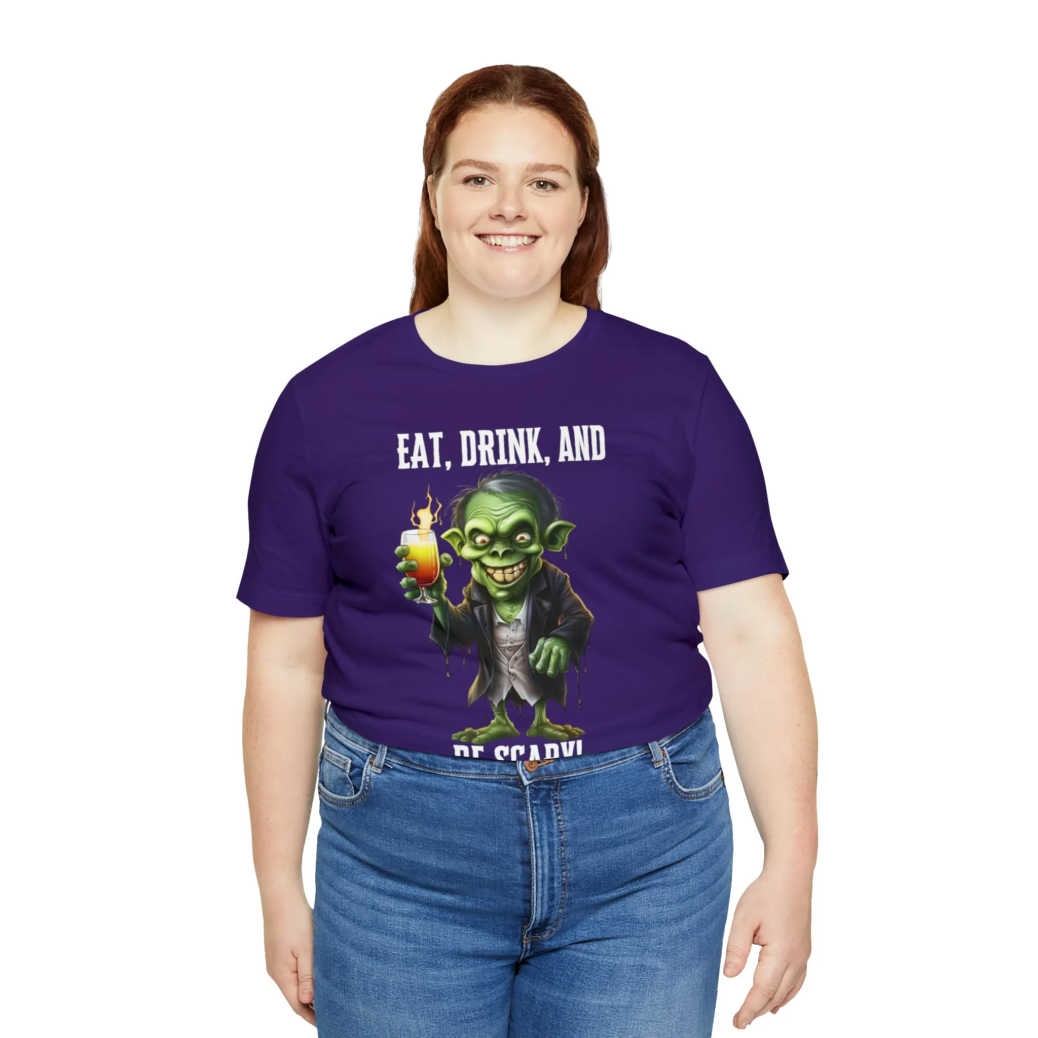 Eat Drink and Be Scary Halloween T-Shirt | Creepy Scary Ghoul Tee |  Bella Canvas 3001Unisex | Ghoul Drinking Short Sleeve Tshirt