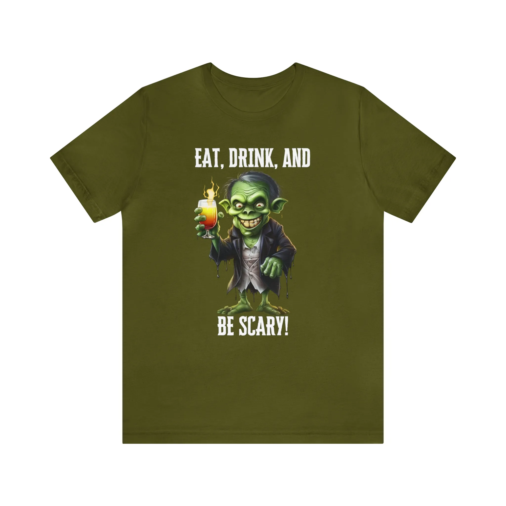 Eat Drink and Be Scary Halloween T-Shirt | Creepy Scary Ghoul Tee |  Bella Canvas 3001Unisex | Ghoul Drinking Short Sleeve Tshirt