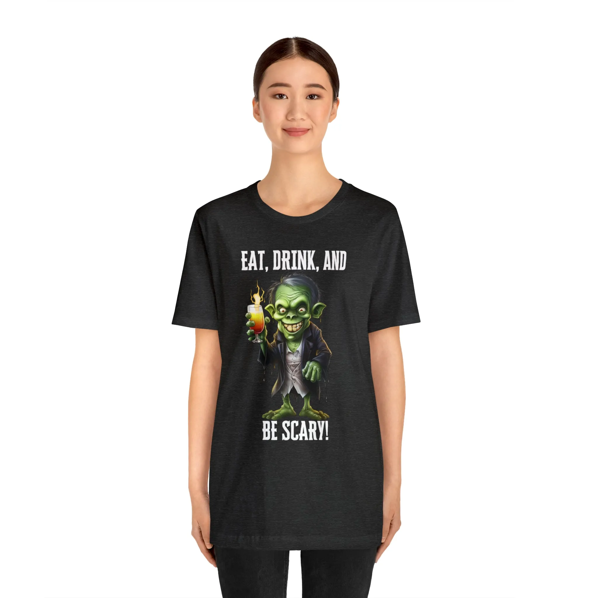 Eat Drink and Be Scary Halloween T-Shirt | Creepy Scary Ghoul Tee |  Bella Canvas 3001Unisex | Ghoul Drinking Short Sleeve Tshirt