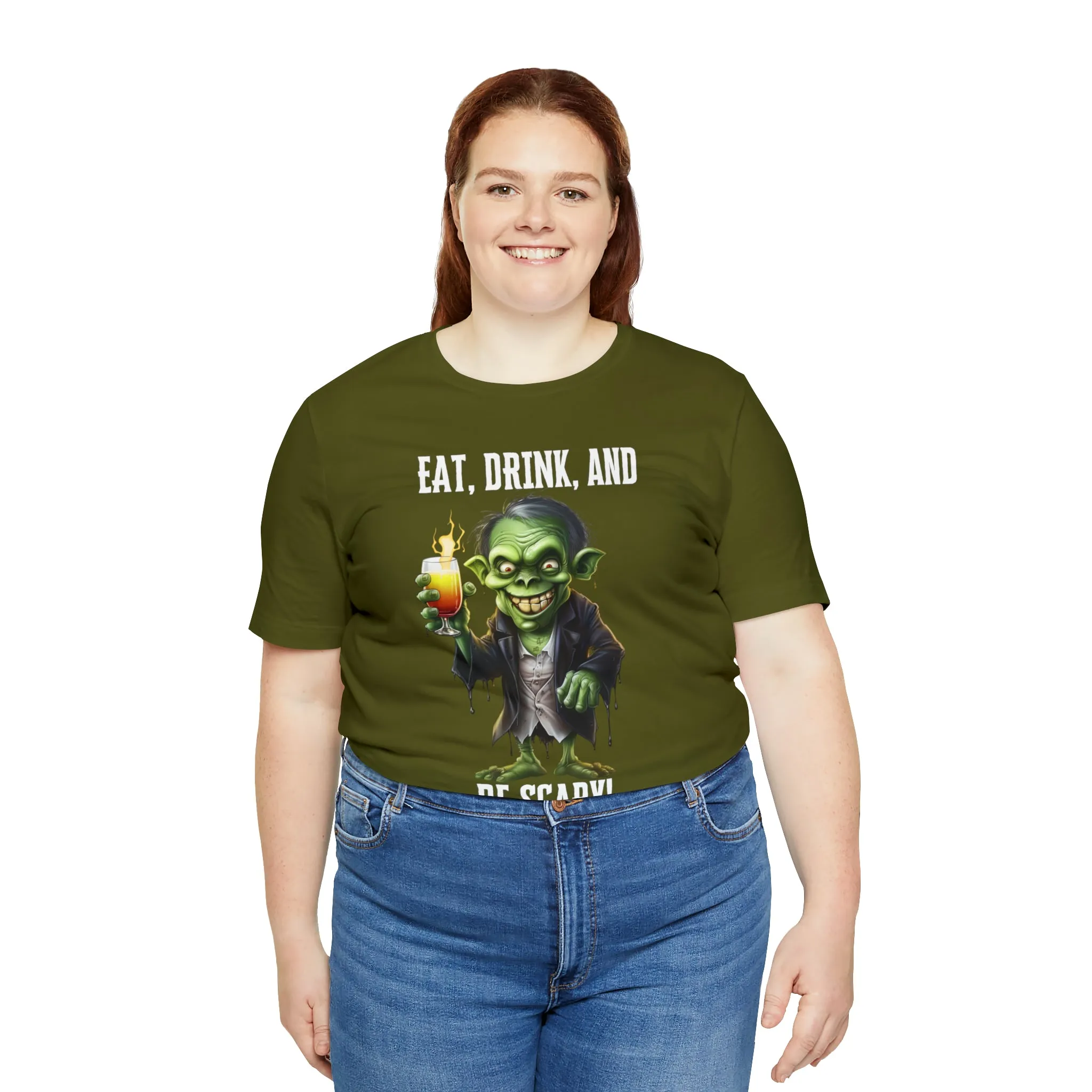 Eat Drink and Be Scary Halloween T-Shirt | Creepy Scary Ghoul Tee |  Bella Canvas 3001Unisex | Ghoul Drinking Short Sleeve Tshirt
