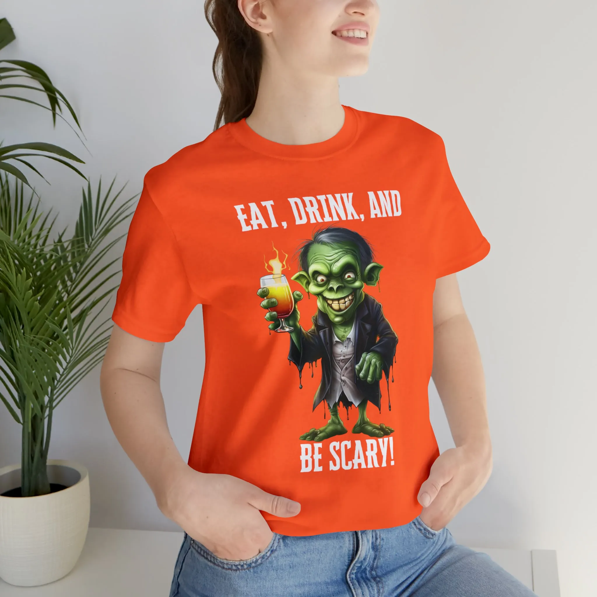 Eat Drink and Be Scary Halloween T-Shirt | Creepy Scary Ghoul Tee |  Bella Canvas 3001Unisex | Ghoul Drinking Short Sleeve Tshirt