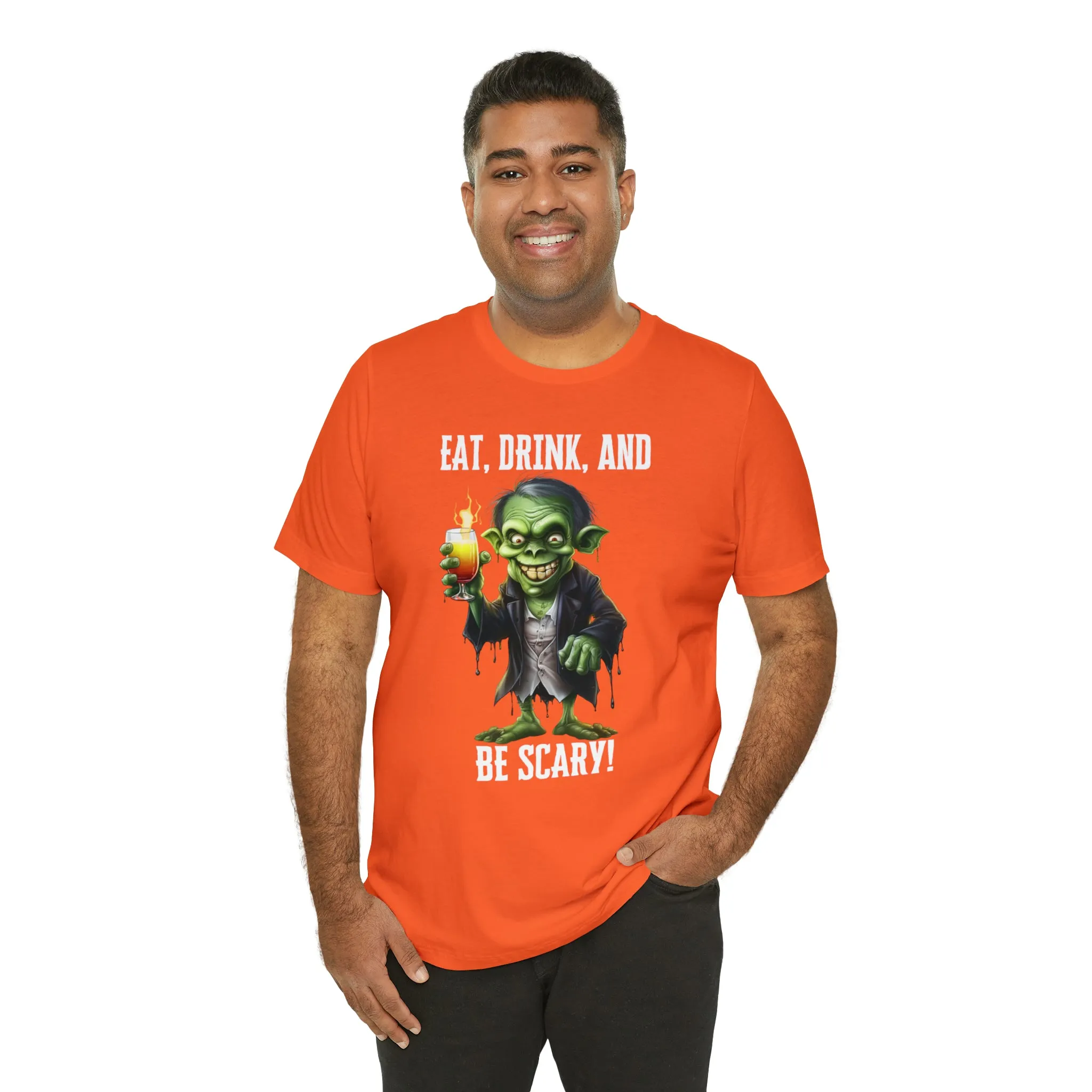 Eat Drink and Be Scary Halloween T-Shirt | Creepy Scary Ghoul Tee |  Bella Canvas 3001Unisex | Ghoul Drinking Short Sleeve Tshirt