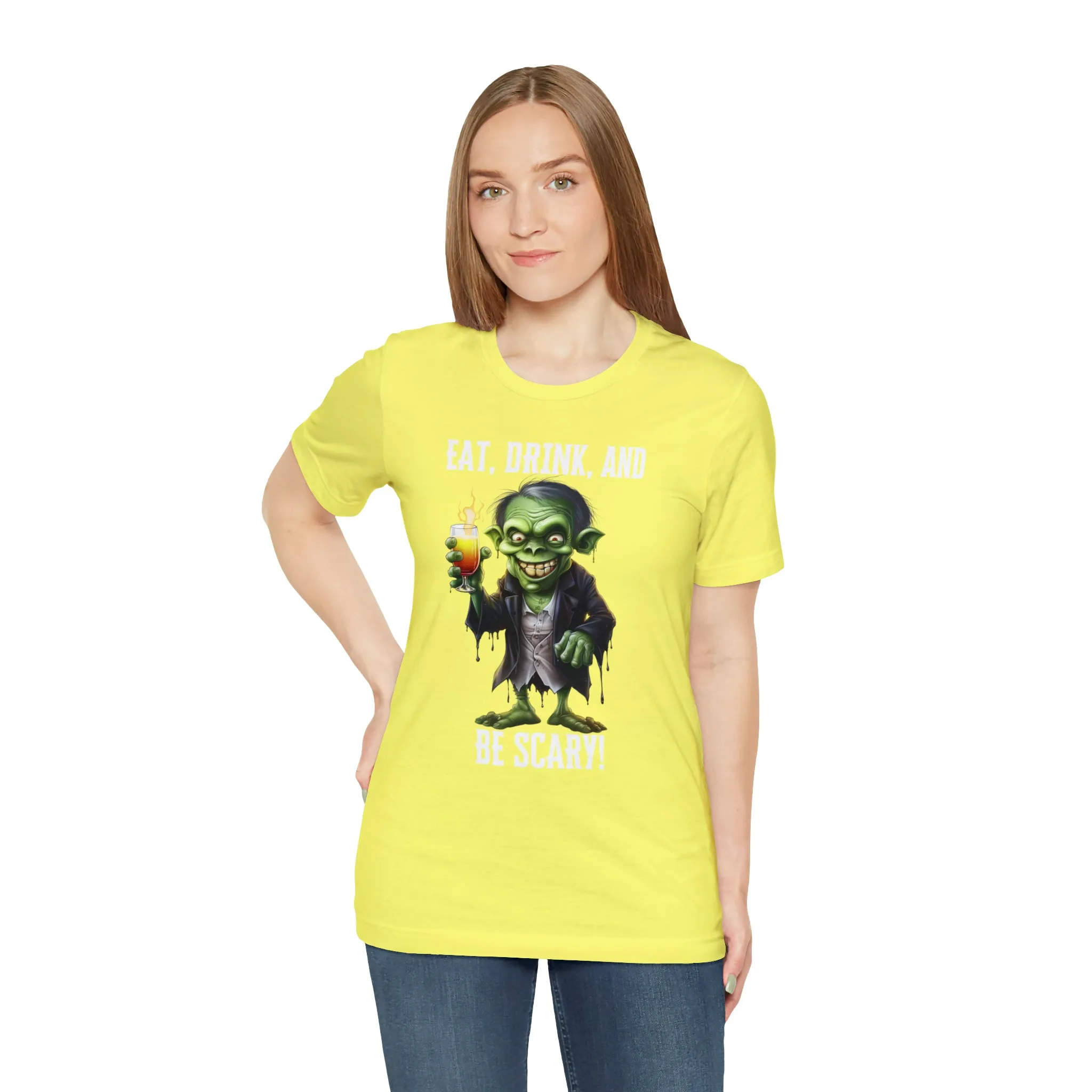 Eat Drink and Be Scary Halloween T-Shirt | Creepy Scary Ghoul Tee |  Bella Canvas 3001Unisex | Ghoul Drinking Short Sleeve Tshirt