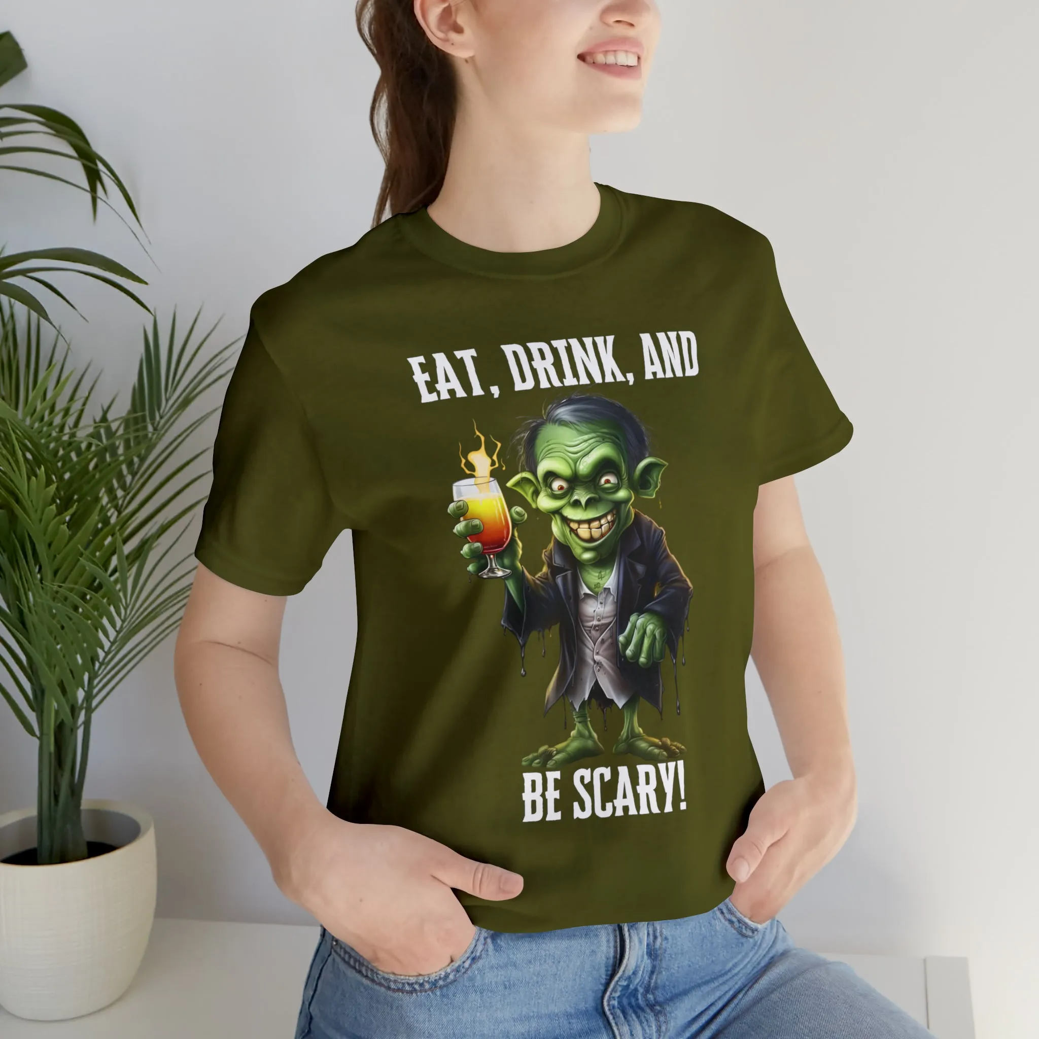 Eat Drink and Be Scary Halloween T-Shirt | Creepy Scary Ghoul Tee |  Bella Canvas 3001Unisex | Ghoul Drinking Short Sleeve Tshirt