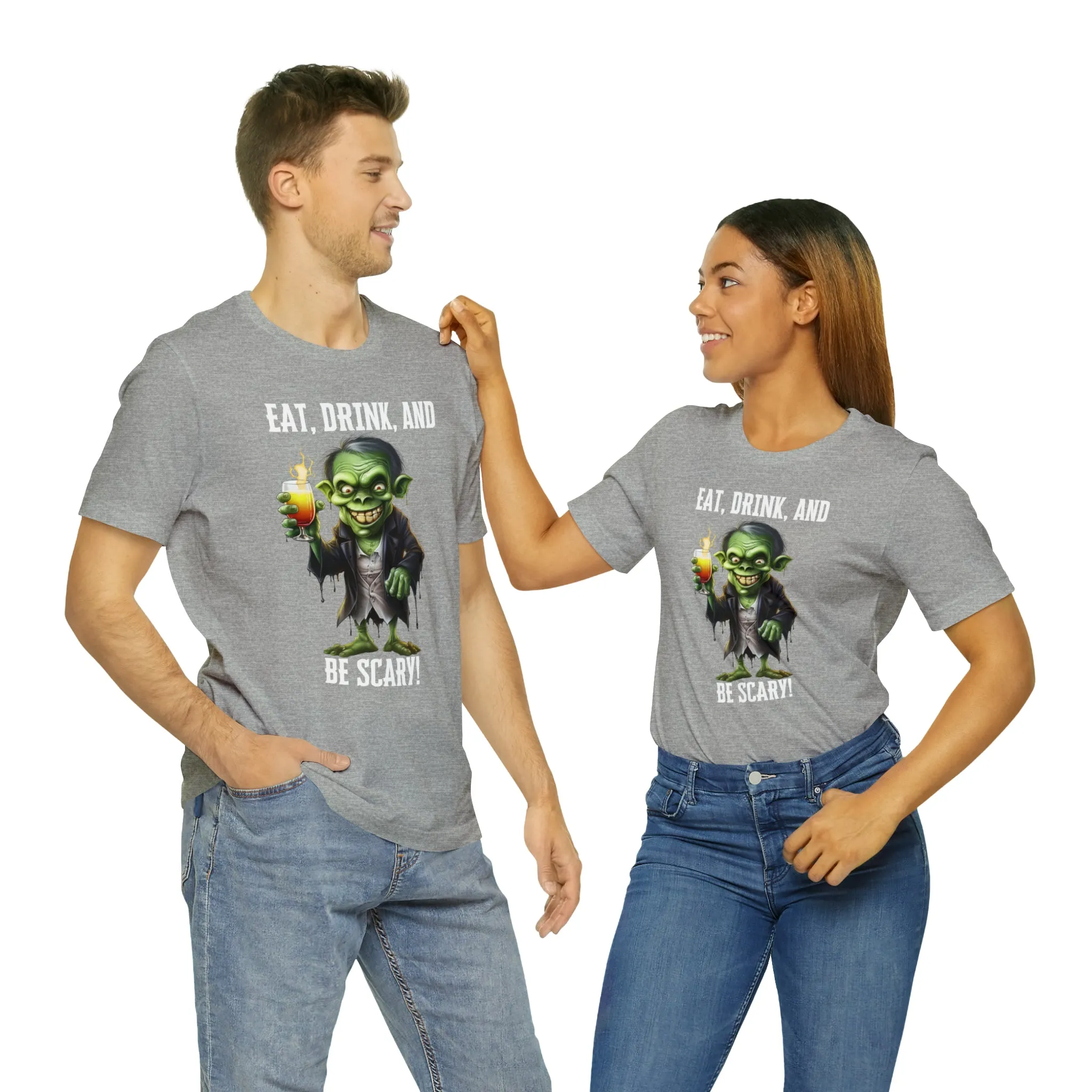 Eat Drink and Be Scary Halloween T-Shirt | Creepy Scary Ghoul Tee |  Bella Canvas 3001Unisex | Ghoul Drinking Short Sleeve Tshirt