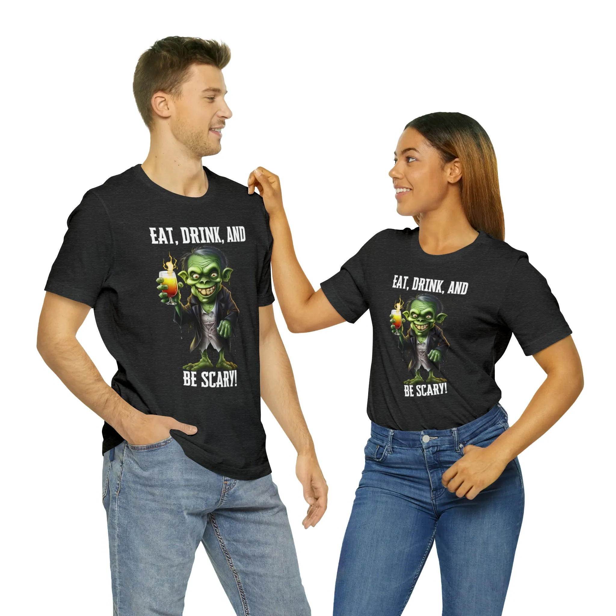 Eat Drink and Be Scary Halloween T-Shirt | Creepy Scary Ghoul Tee |  Bella Canvas 3001Unisex | Ghoul Drinking Short Sleeve Tshirt