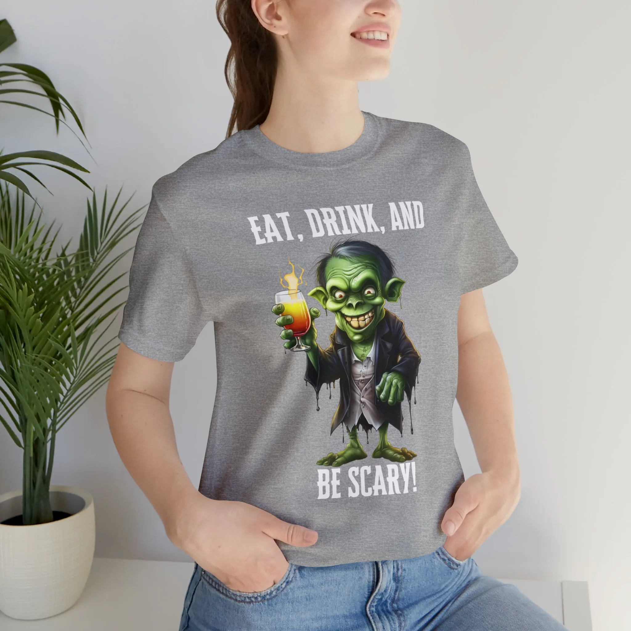 Eat Drink and Be Scary Halloween T-Shirt | Creepy Scary Ghoul Tee |  Bella Canvas 3001Unisex | Ghoul Drinking Short Sleeve Tshirt