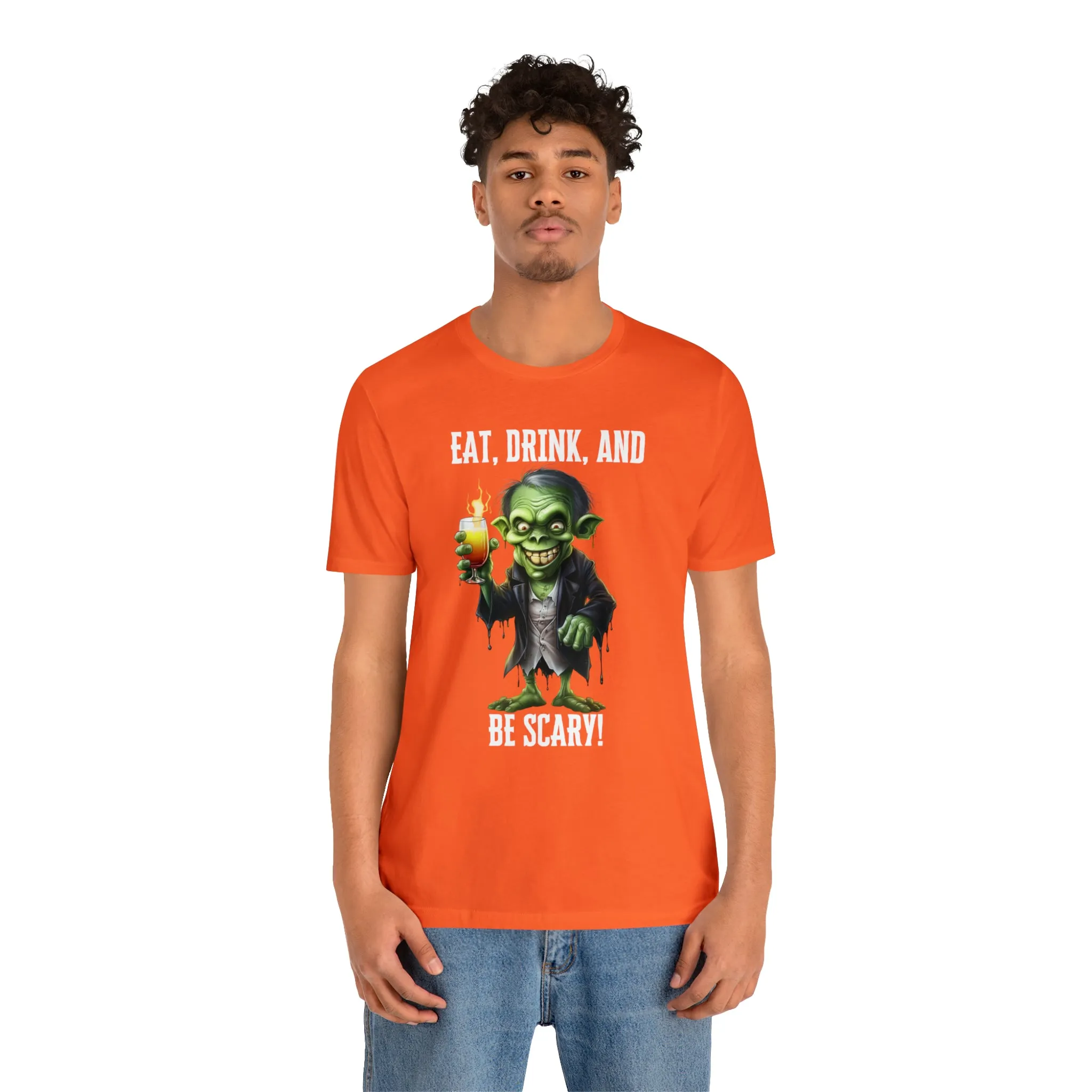 Eat Drink and Be Scary Halloween T-Shirt | Creepy Scary Ghoul Tee |  Bella Canvas 3001Unisex | Ghoul Drinking Short Sleeve Tshirt