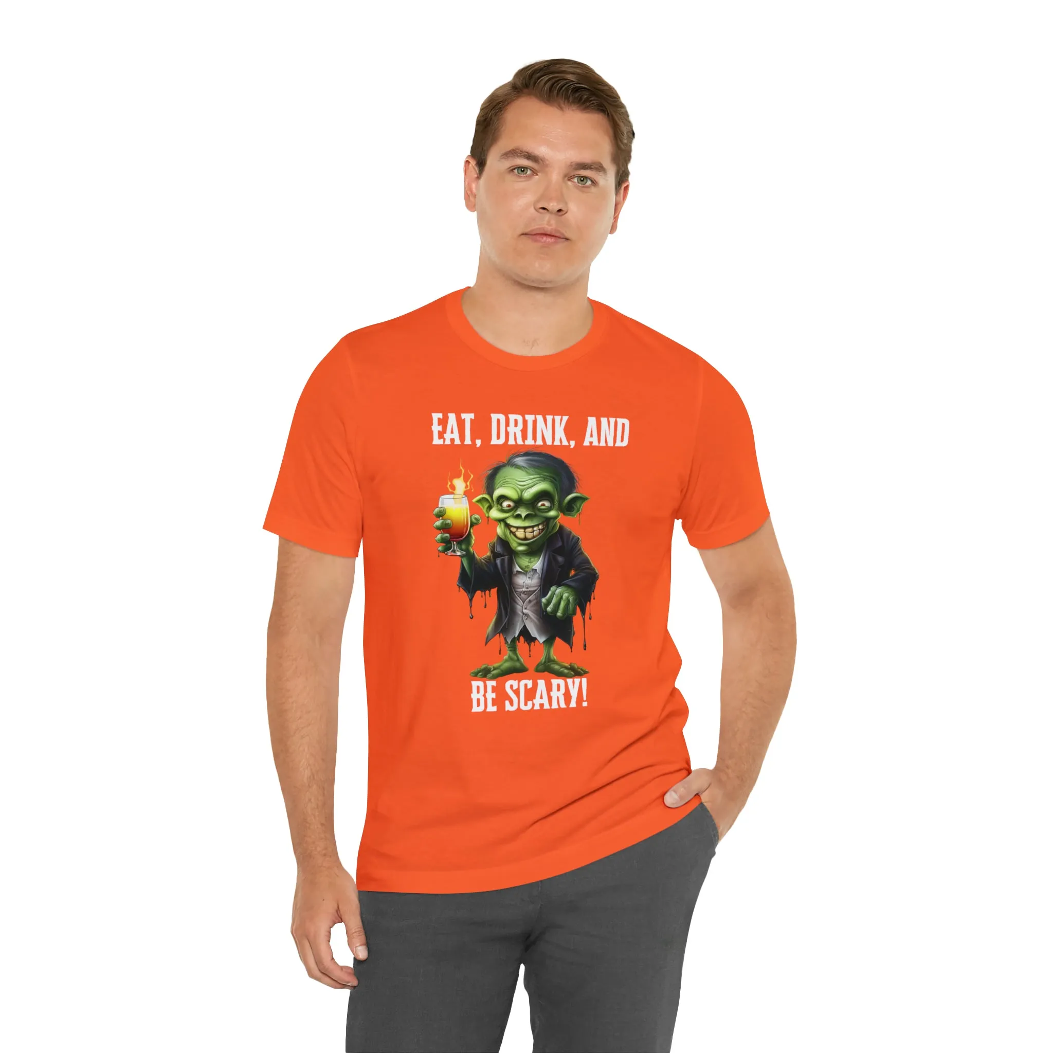 Eat Drink and Be Scary Halloween T-Shirt | Creepy Scary Ghoul Tee |  Bella Canvas 3001Unisex | Ghoul Drinking Short Sleeve Tshirt