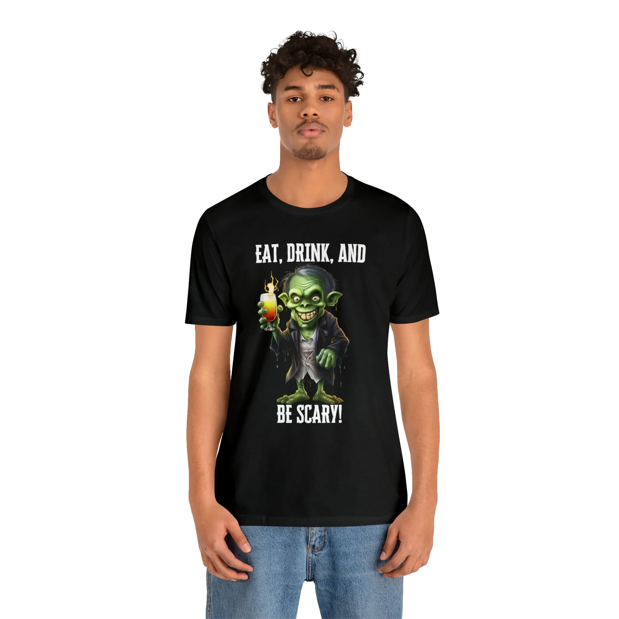 Eat Drink and Be Scary Halloween T-Shirt | Creepy Scary Ghoul Tee |  Bella Canvas 3001Unisex | Ghoul Drinking Short Sleeve Tshirt