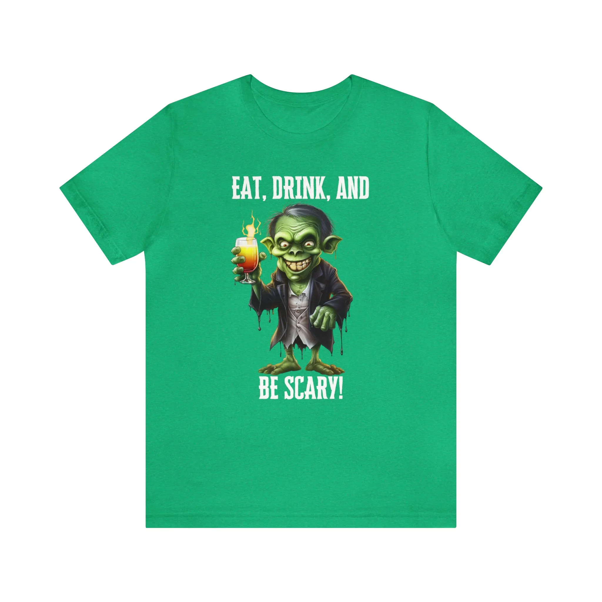 Eat Drink and Be Scary Halloween T-Shirt | Creepy Scary Ghoul Tee |  Bella Canvas 3001Unisex | Ghoul Drinking Short Sleeve Tshirt