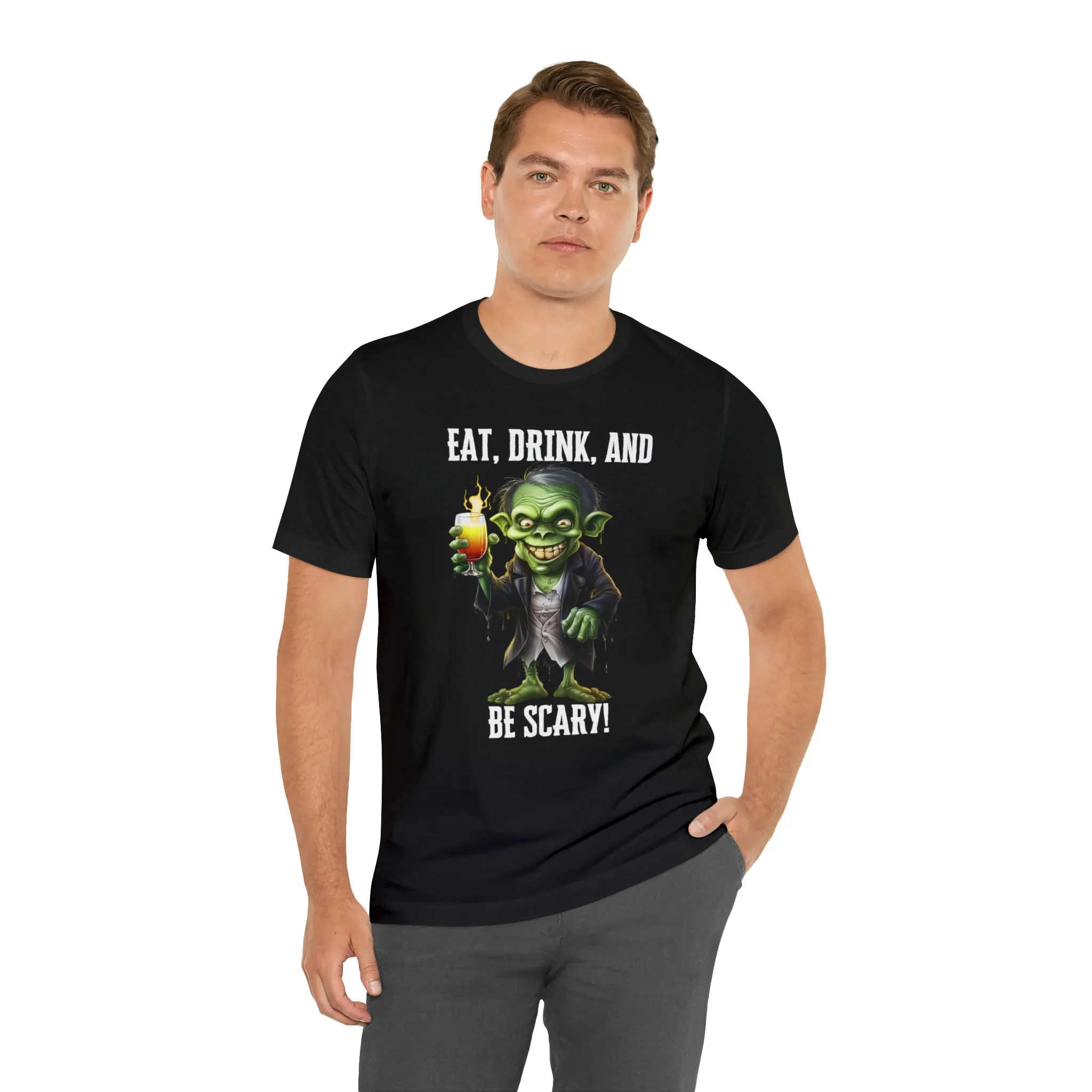 Eat Drink and Be Scary Halloween T-Shirt | Creepy Scary Ghoul Tee |  Bella Canvas 3001Unisex | Ghoul Drinking Short Sleeve Tshirt