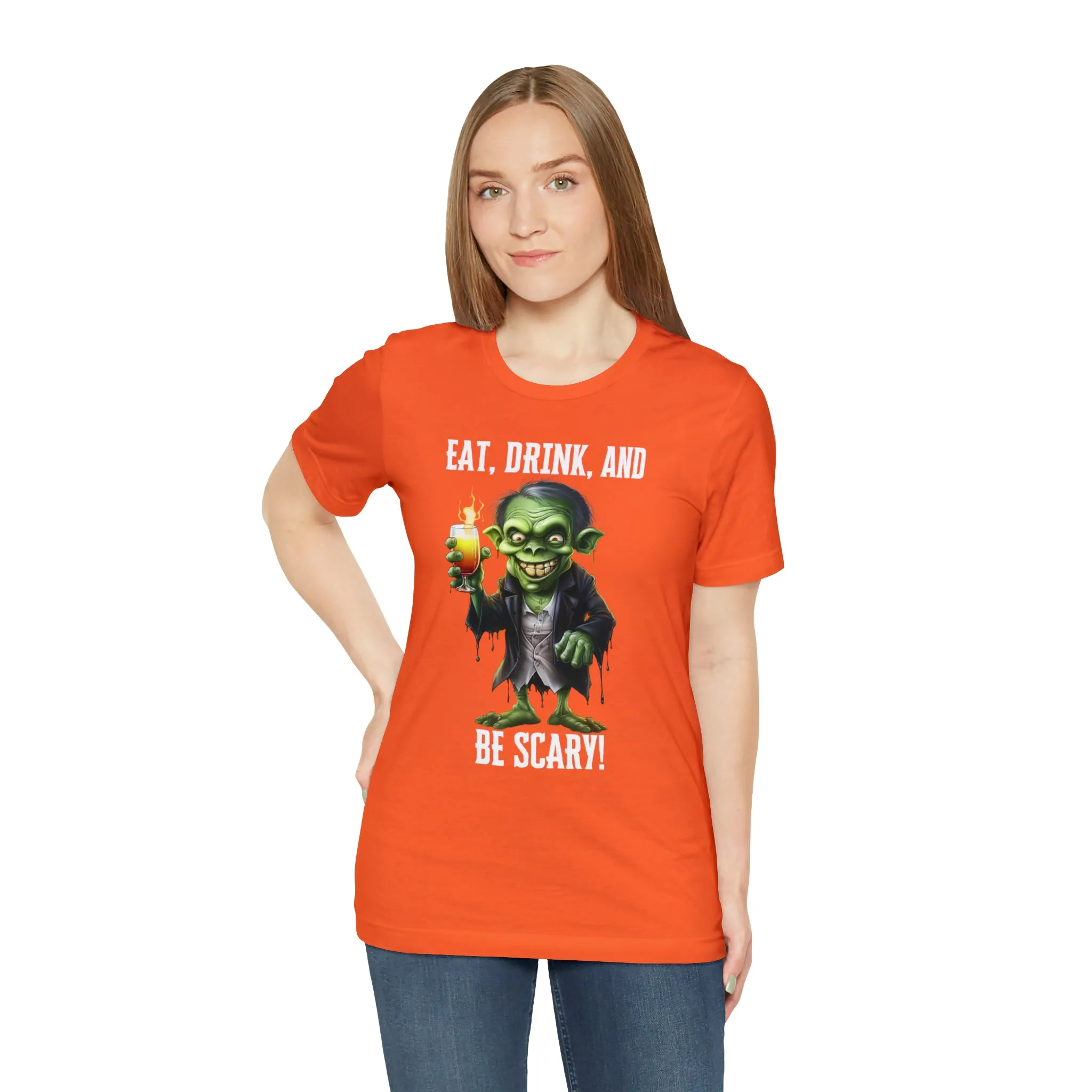 Eat Drink and Be Scary Halloween T-Shirt | Creepy Scary Ghoul Tee |  Bella Canvas 3001Unisex | Ghoul Drinking Short Sleeve Tshirt