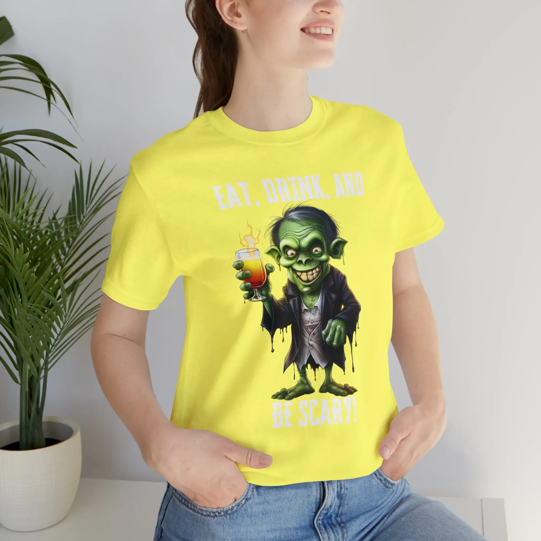 Eat Drink and Be Scary Halloween T-Shirt | Creepy Scary Ghoul Tee |  Bella Canvas 3001Unisex | Ghoul Drinking Short Sleeve Tshirt